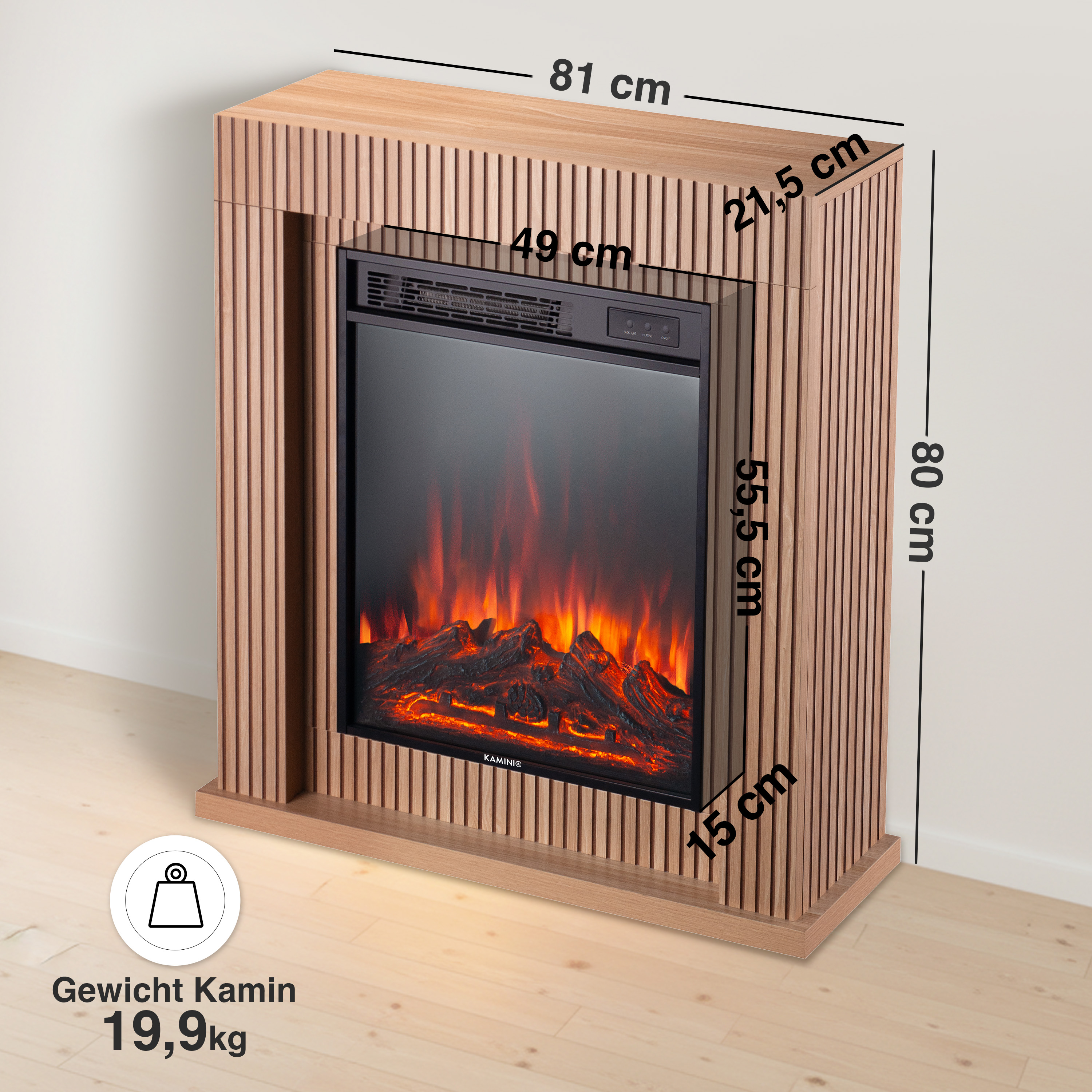 Moderner Kamin mit Flammen-Effekt, Holzverkleidung und Maßen 81x21,5x80 cm.