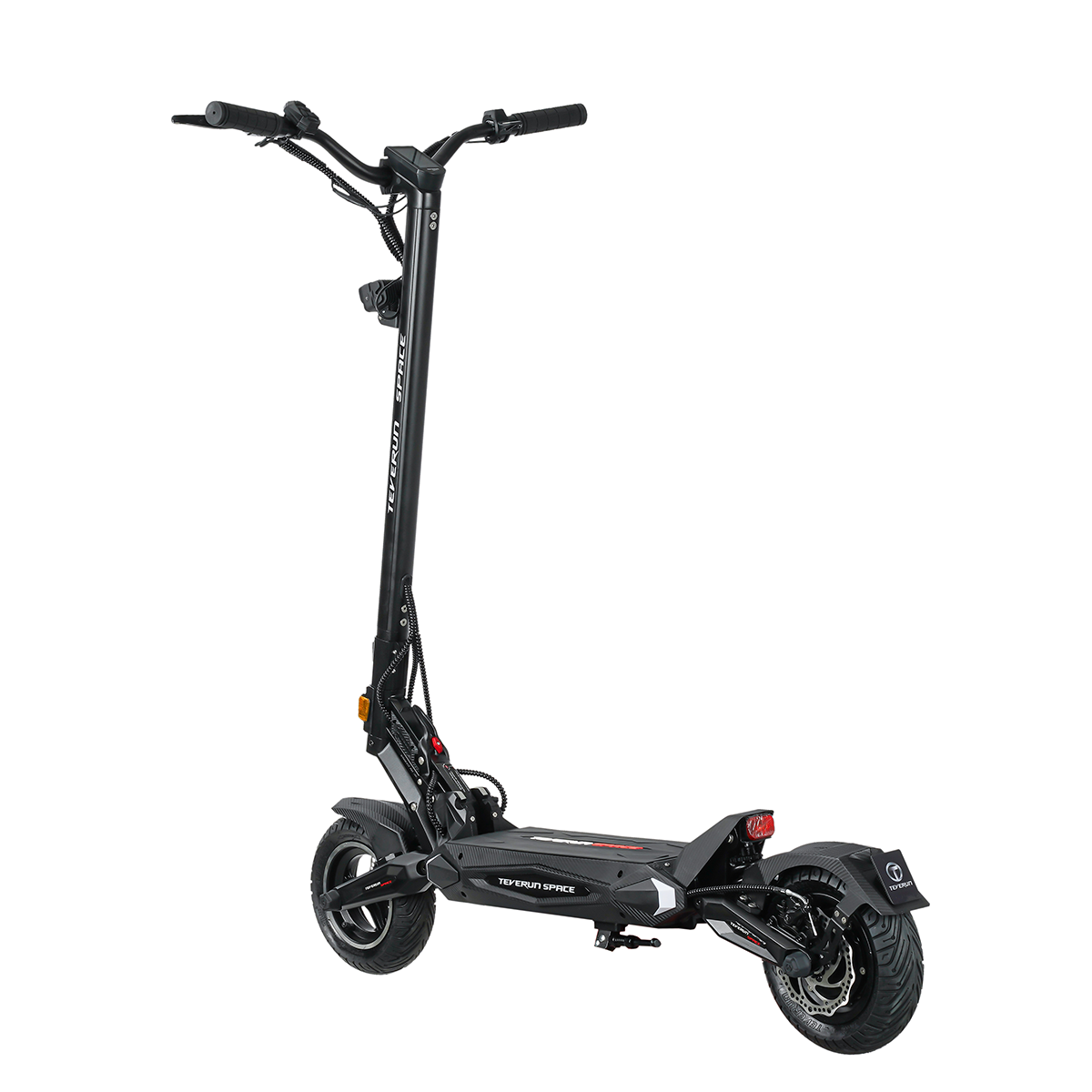 Czarna hulajnoga elektryczna z szerokimi oponami, amortyzacją i kierownicą.