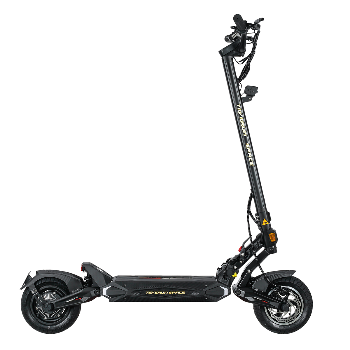 Czarny skuter elektryczny z żółtym napisem.