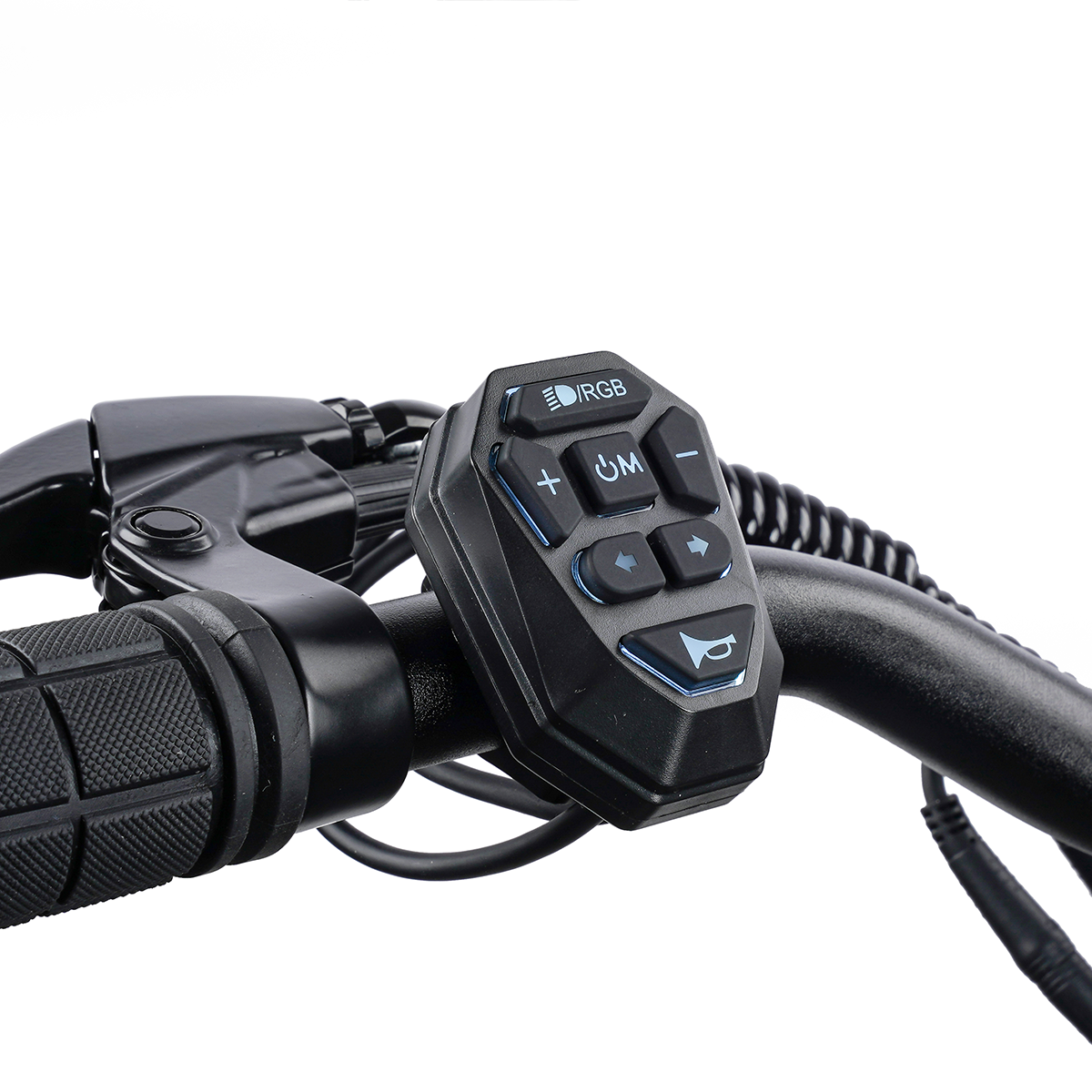 Czarny uchwyt kierownicy z panelem sterowania z podświetlanymi przyciskami.