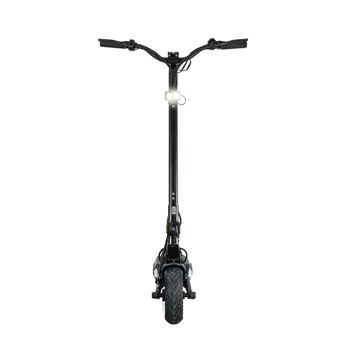 Czarny skuter elektryczny z podwójnymi przednimi światłami i szerokimi oponami.