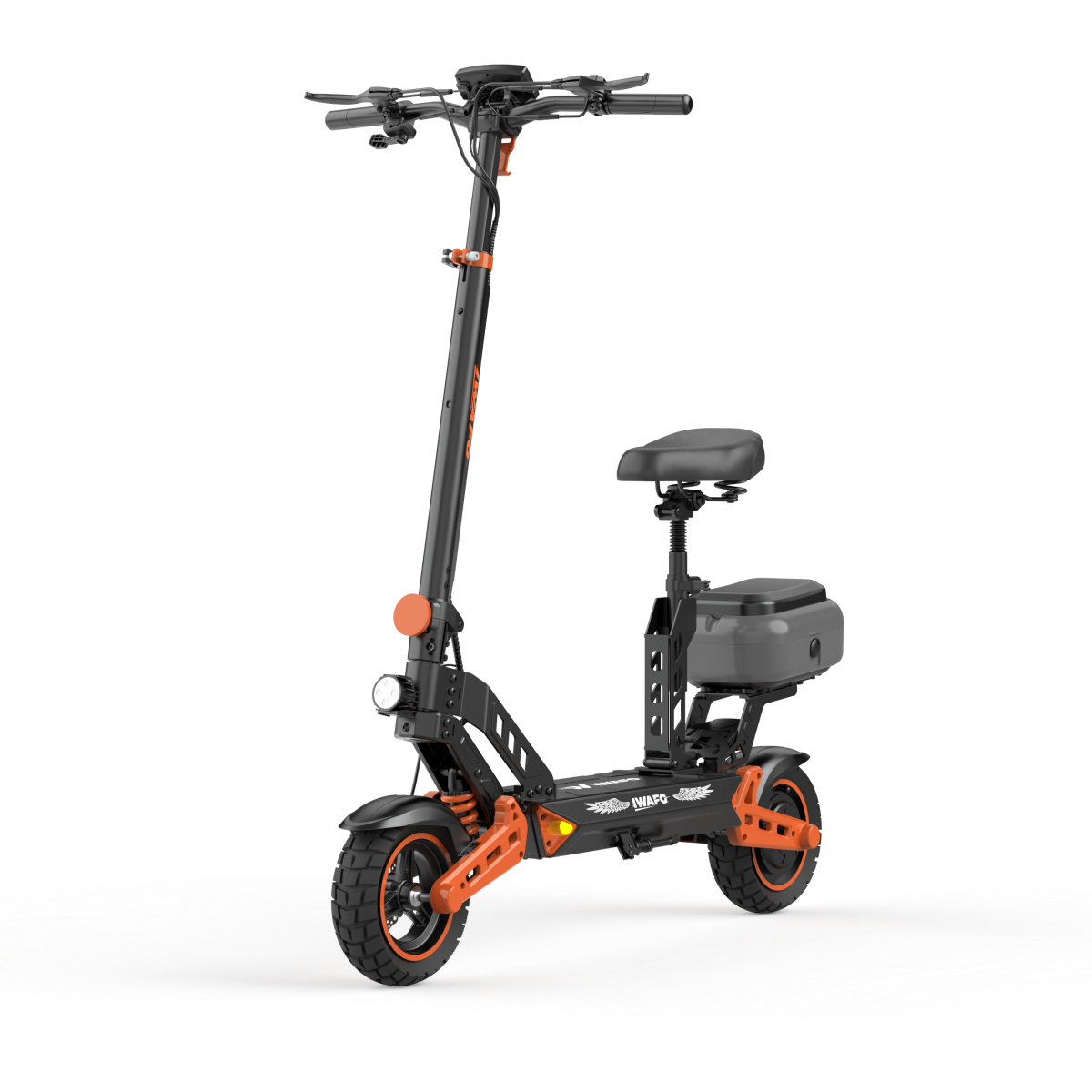 Czarna hulajnoga elektryczna z siedzeniem, pomarańczowymi akcentami i szerokimi oponami.