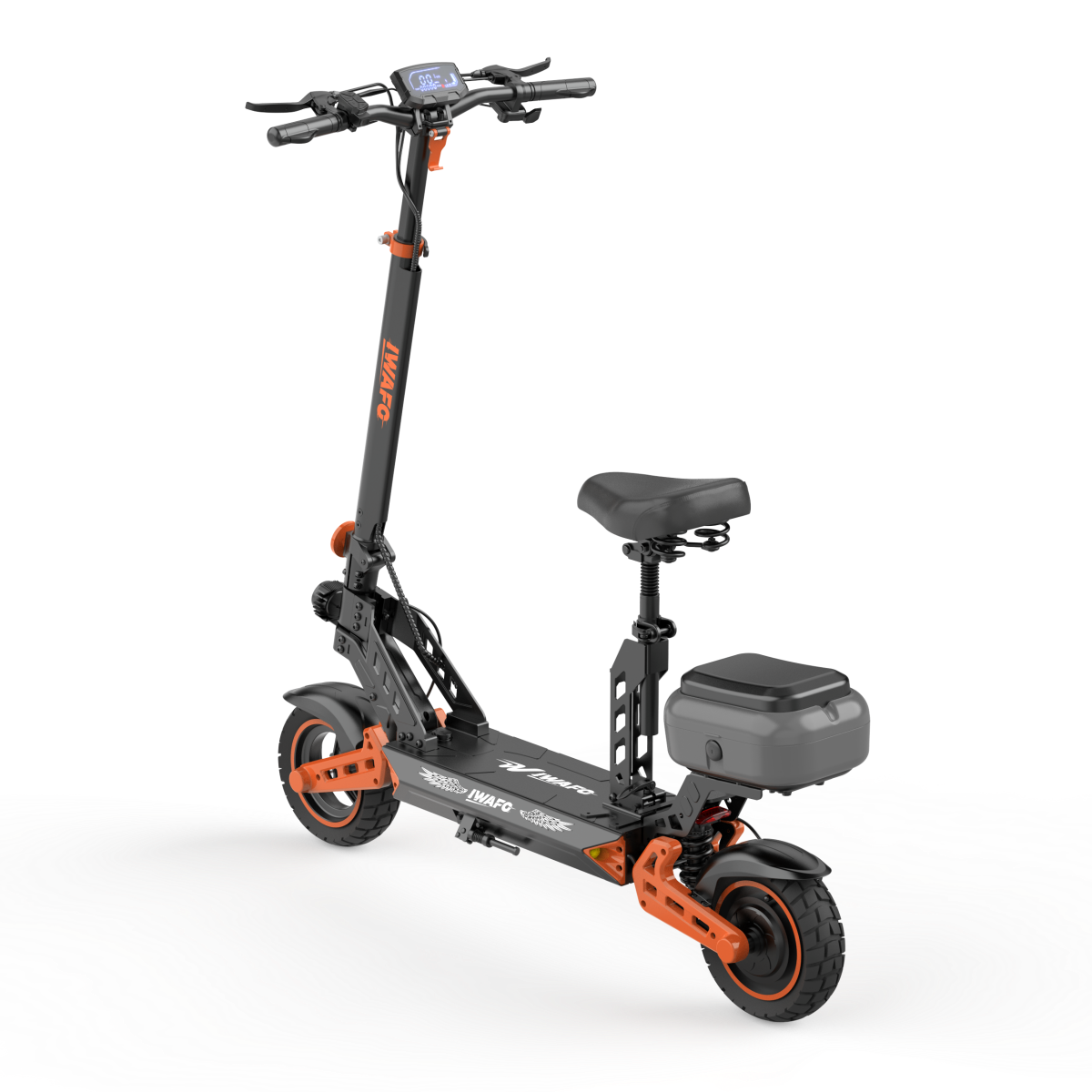 Czarny skuter elektryczny z siedzeniem i pomarańczowymi akcentami na białym tle.