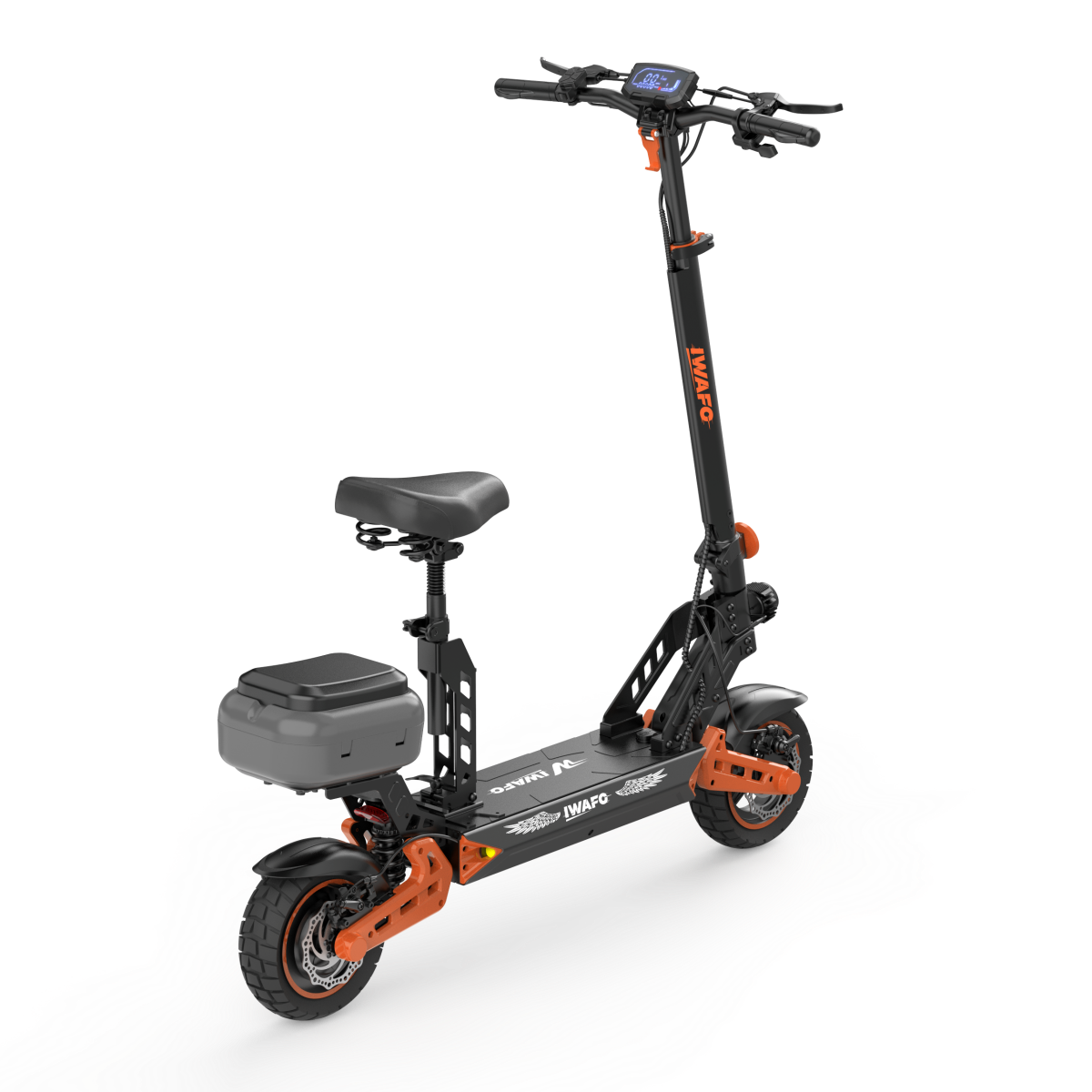 Czarna hulajnoga elektryczna z siedzeniem, pomarańczowymi akcentami i wyświetlaczem.