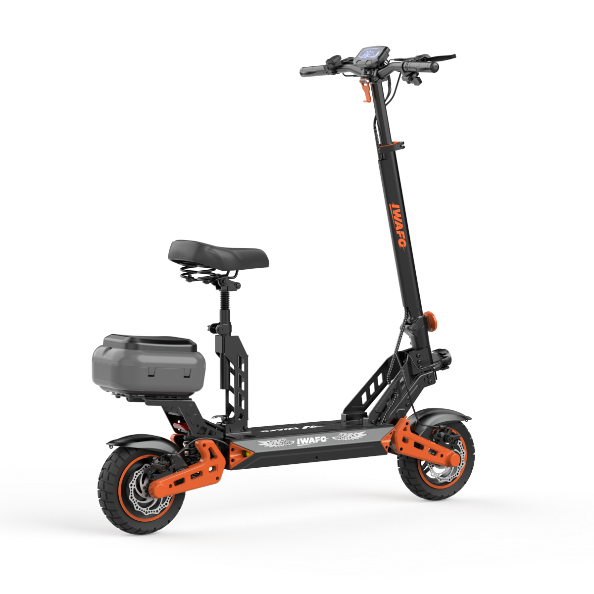 Czarna hulajnoga elektryczna z siedzeniem, pomarańczowymi detalami i schowkiem.