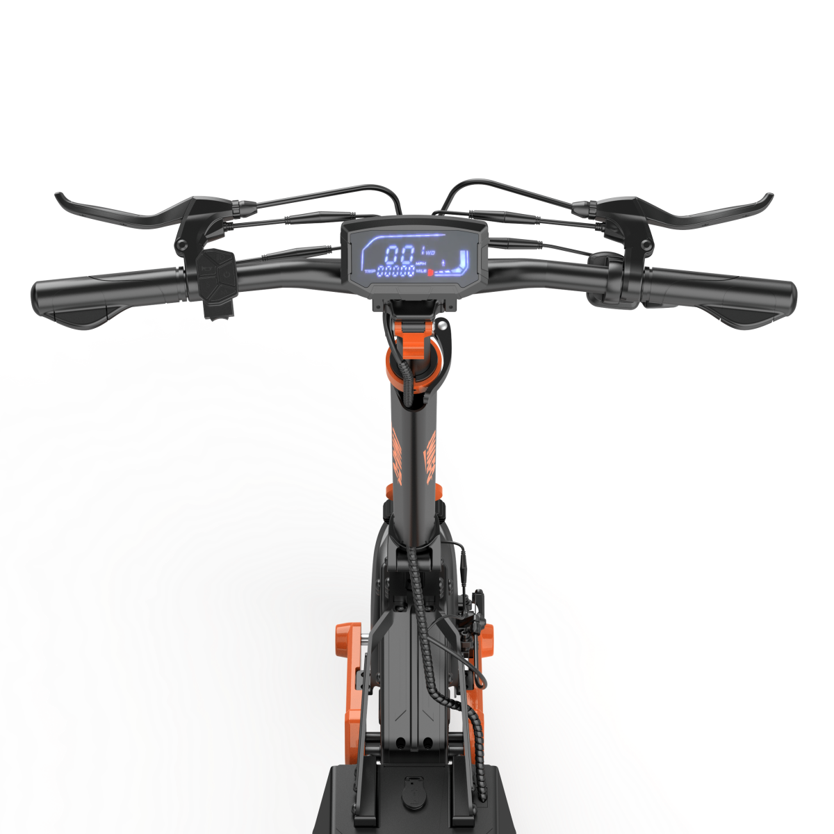 Kierownica hulajnogi elektrycznej z cyfrowym wyświetlaczem i pomarańczowymi akcentami.
