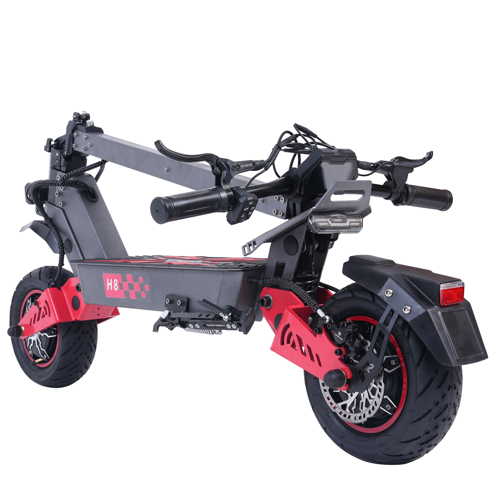 Szaro-czerwony model hulajnogi elektrycznej z napisem "H8", na białym tle.