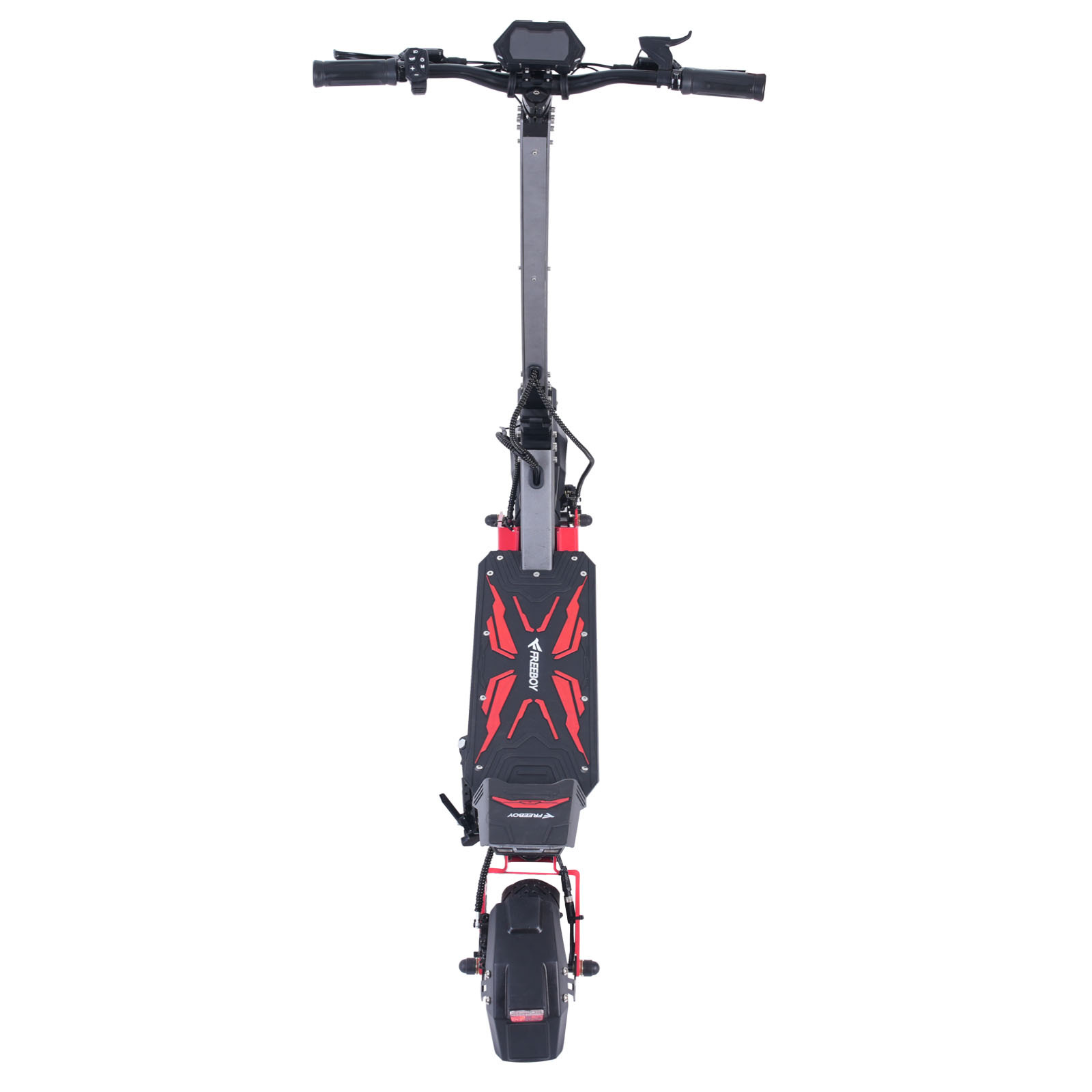 Czarna hulajnoga elektryczna z czerwonymi akcentami na podeście i kierownicy.