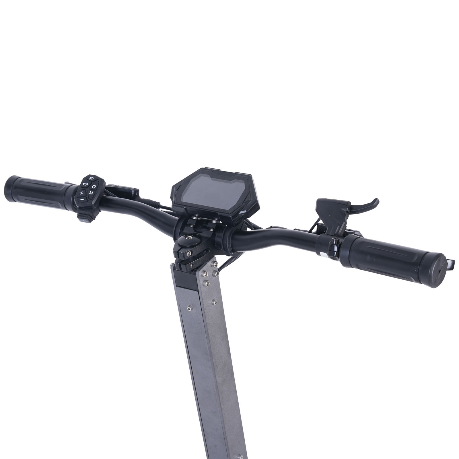 Czarna kierownica z wyświetlaczem i przyciskami, na metalowej łodydze hulajnogi.