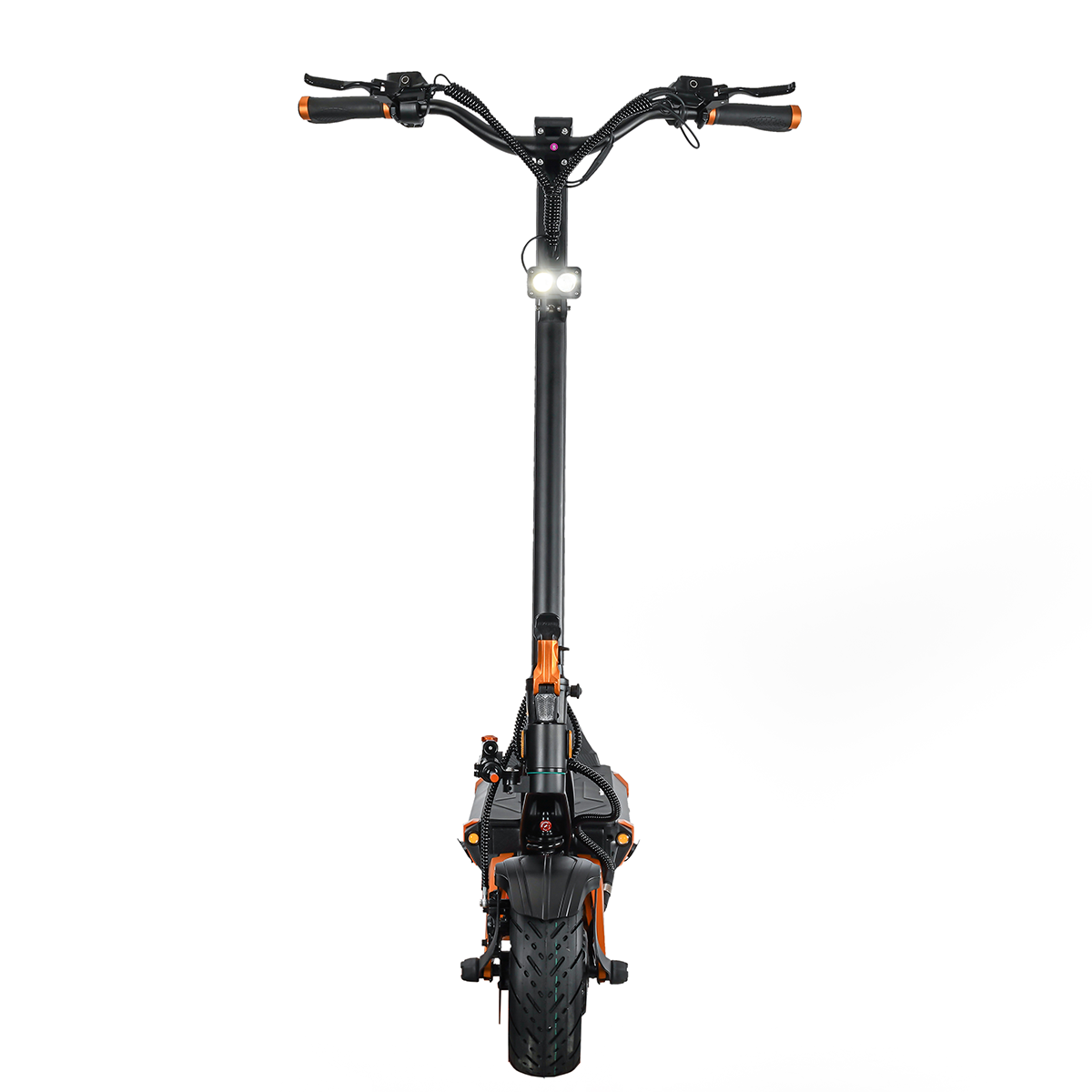 Czarna hulajnoga elektryczna z pomarańczowymi akcentami, dwoma reflektorami i szerokimi oponami.