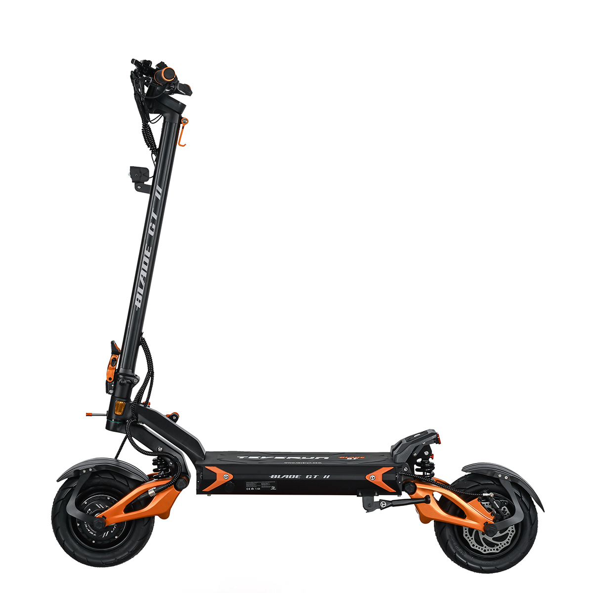 Czarna hulajnoga elektryczna z pomarańczowymi akcentami, widok z boku.