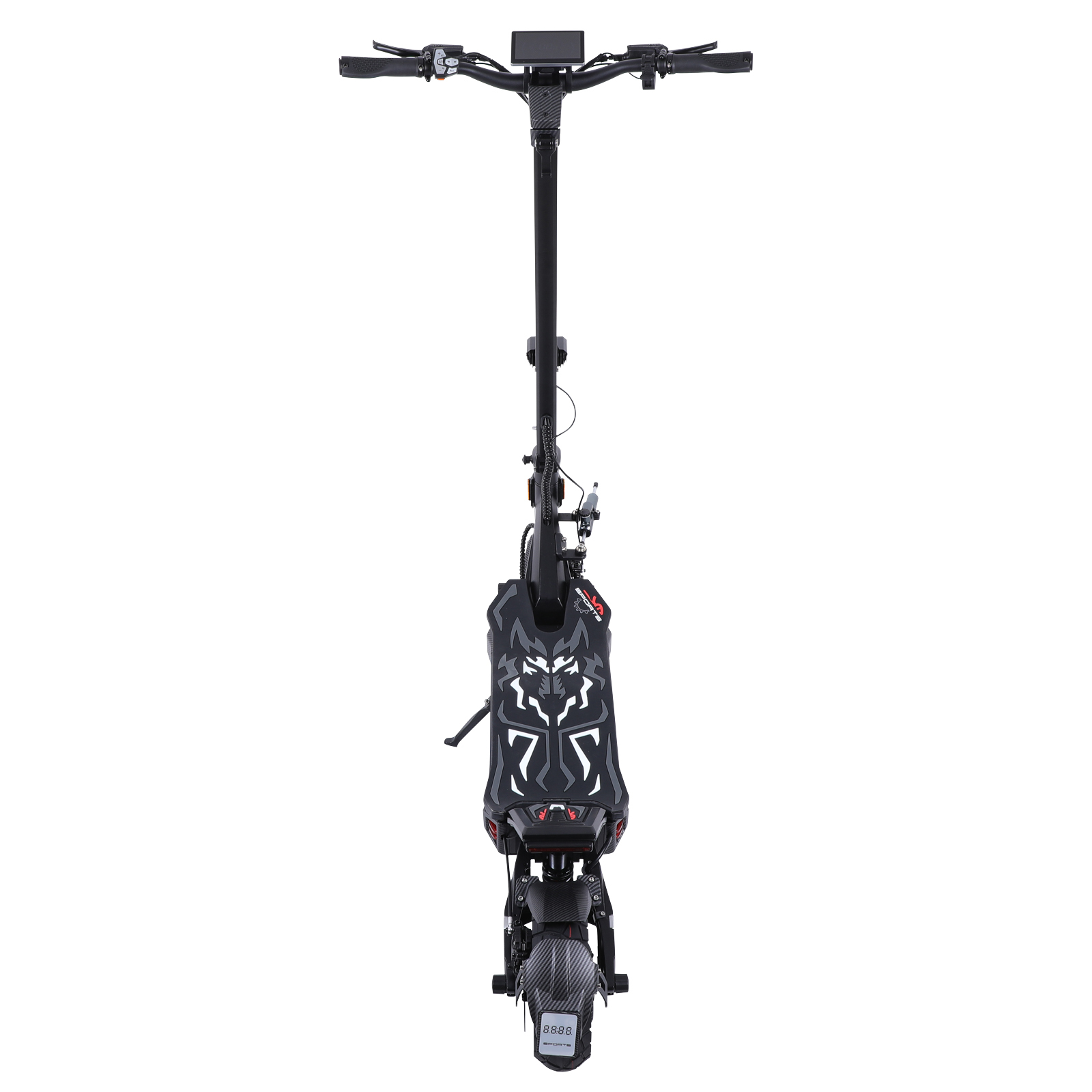 Czarna hulajnoga elektryczna z motywem wilka na pokładzie i wyświetlaczem LCD.