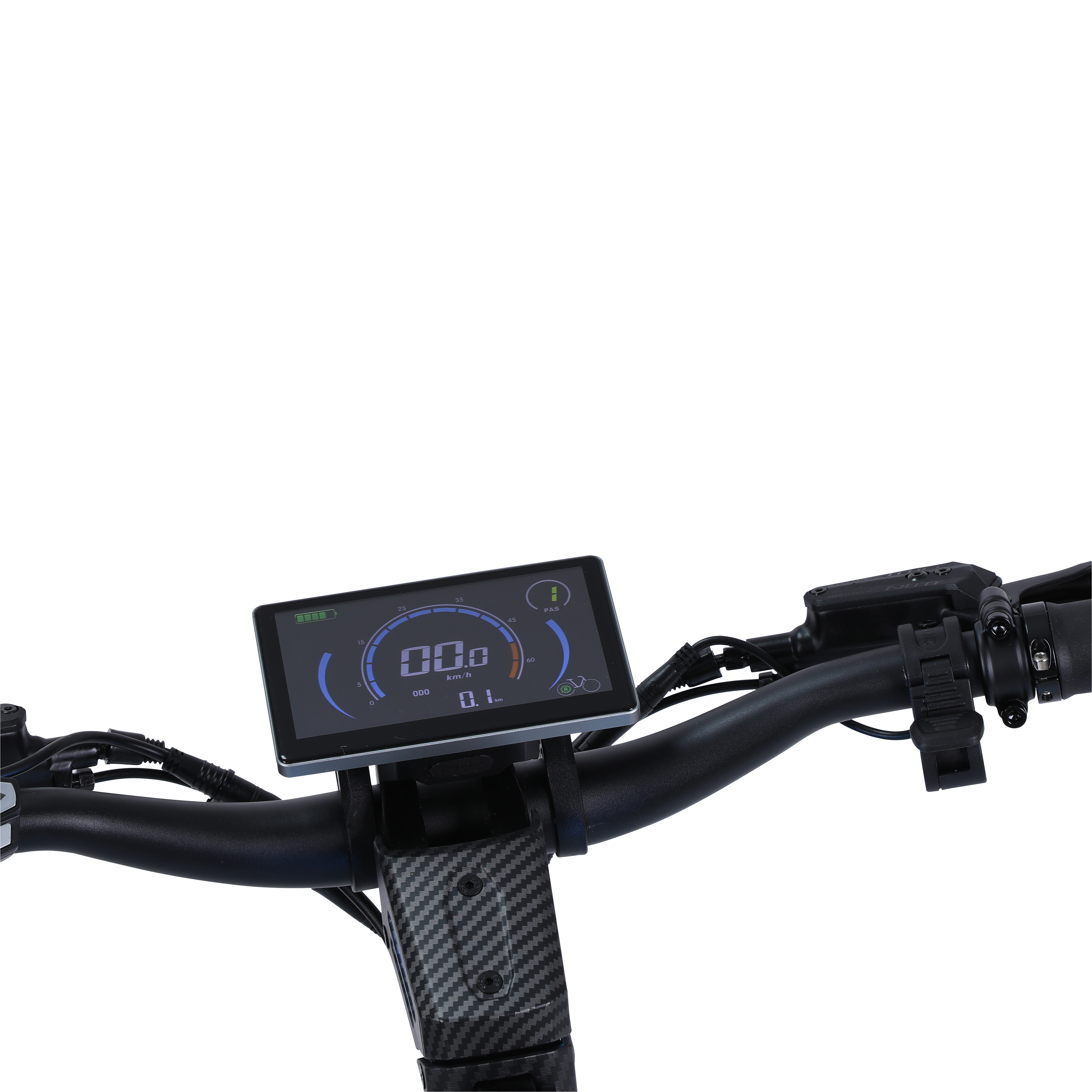 Kierownica roweru z wyświetlaczem LCD pokazującym prędkość i poziom baterii.