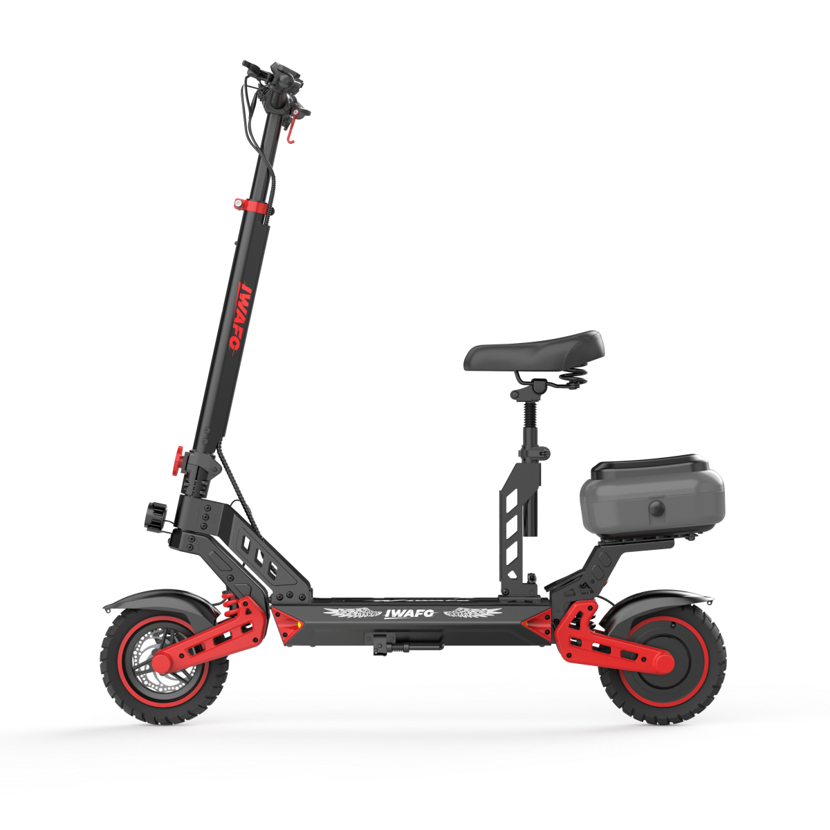 Czarny skuter elektryczny z czerwonymi akcentami i siedzeniem.