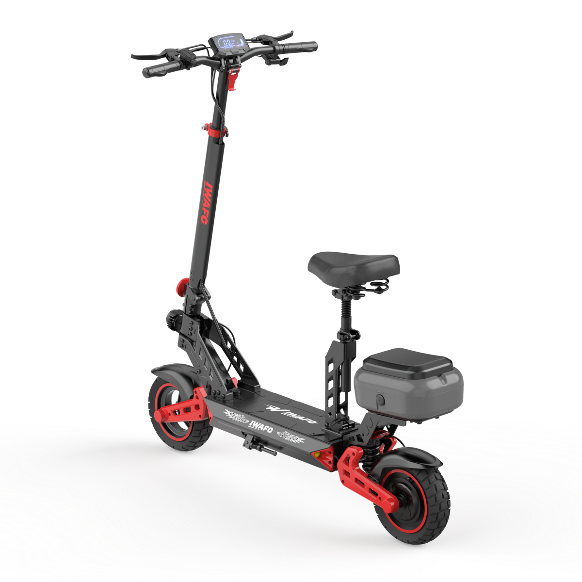 Czarna hulajnoga elektryczna z siedzeniem i czerwonymi akcentami.