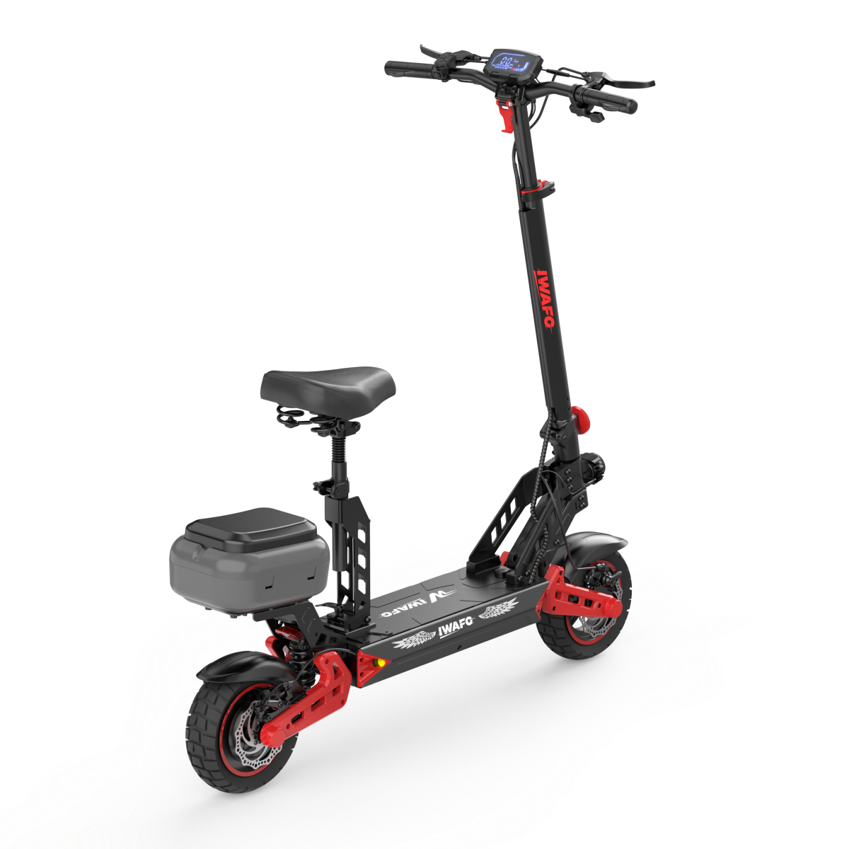 Czarna hulajnoga elektryczna z siedzeniem, czerwonymi akcentami i wyświetlaczem.