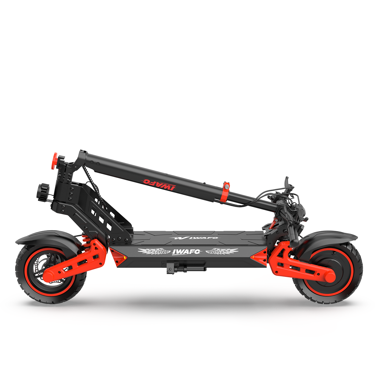 Czarna hulajnoga elektryczna z czerwonymi akcentami, na białym tle.