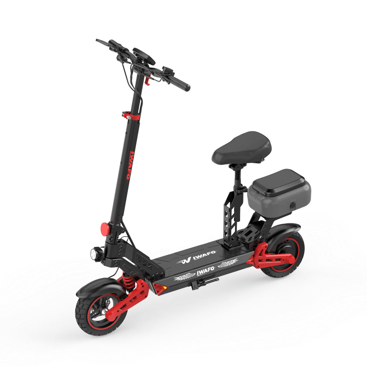 Czarny skuter elektryczny z siedzeniem, czerwonymi akcentami i szarym pudełkiem.