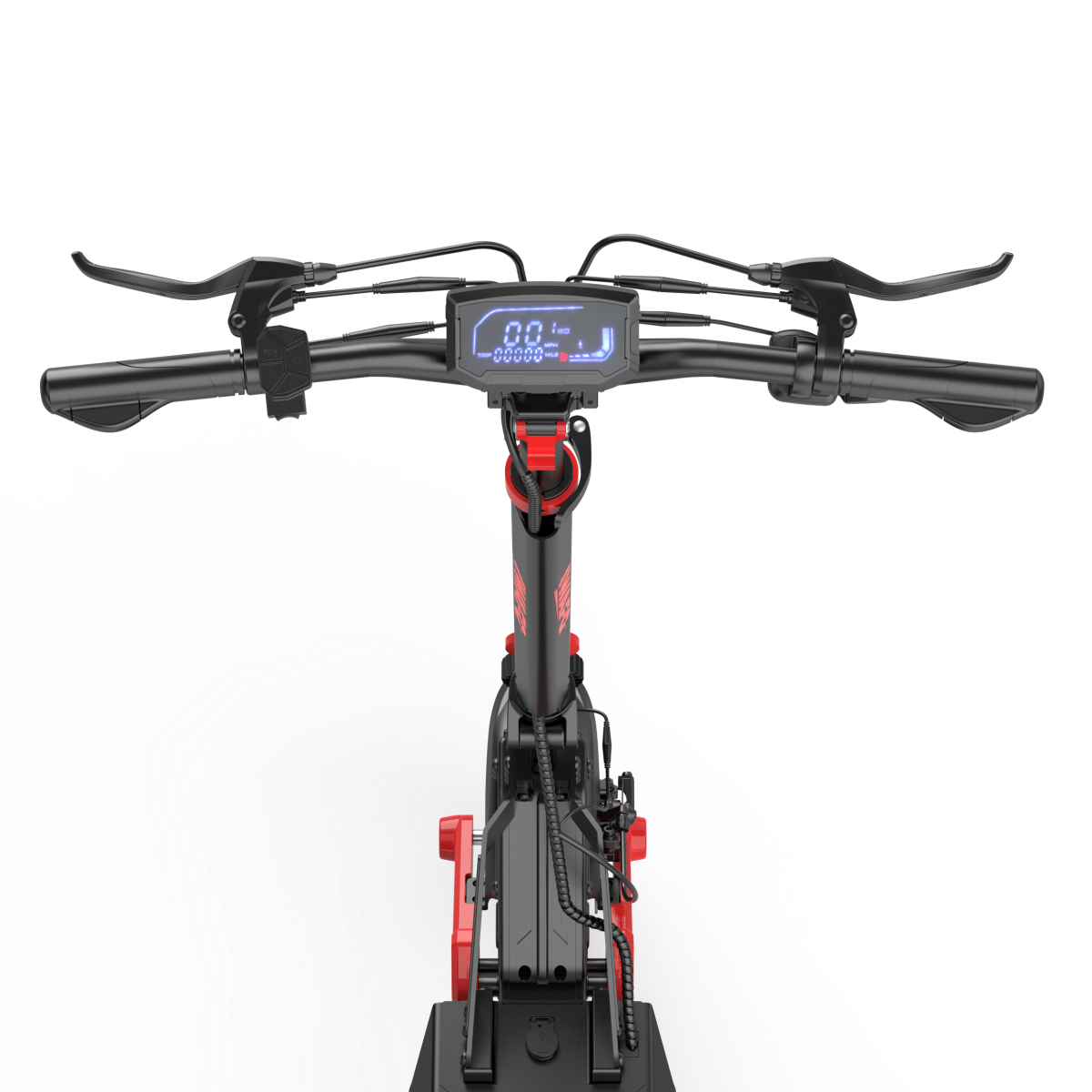 Kierownica czarnej hulajnogi elektrycznej z czerwonymi akcentami i cyfrowym wyświetlaczem.