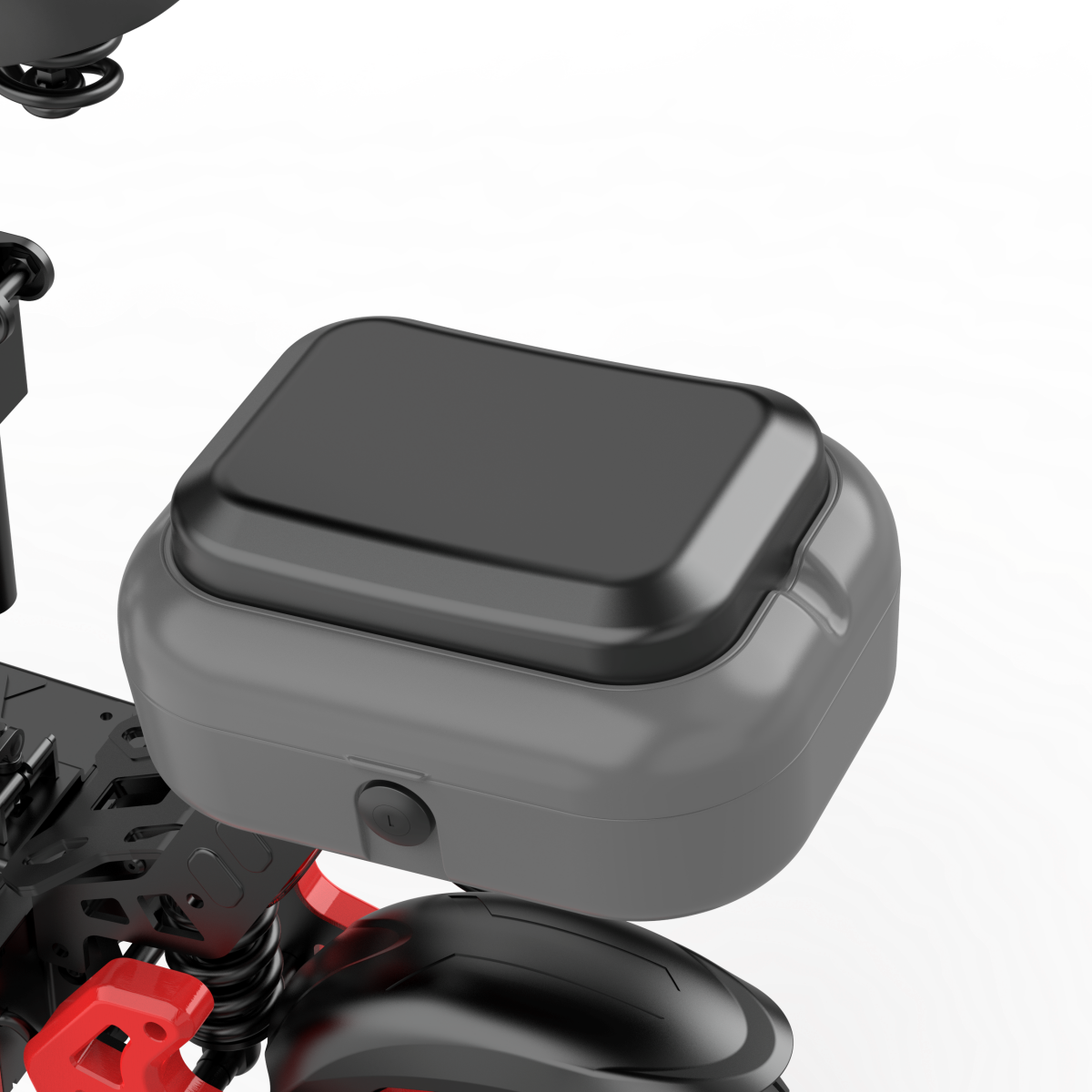 Zbliżenie czarnej i szarej hulajnogi elektrycznej z czerwonymi akcentami.