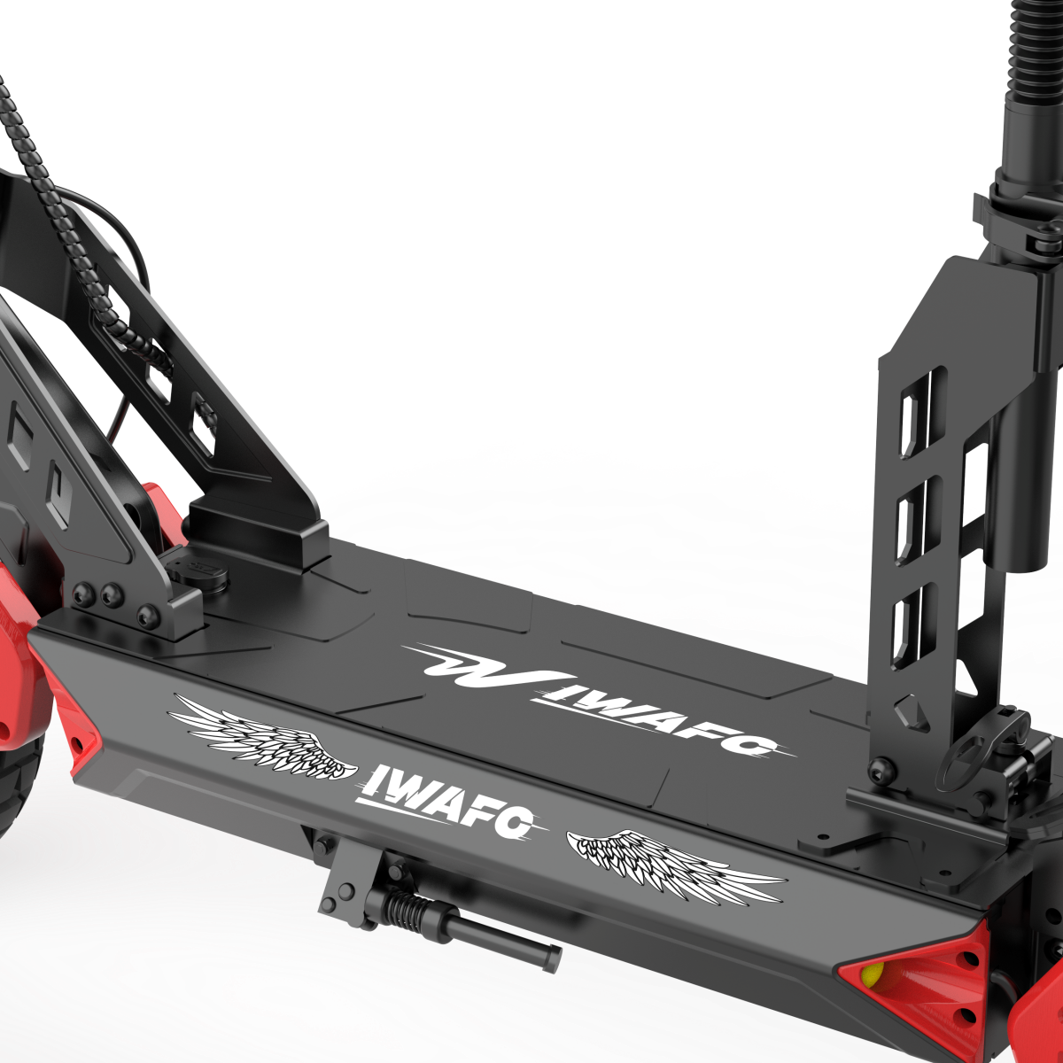 Zbliżenie czarnej hulajnogi elektrycznej z czerwonymi akcentami i naklejkami skrzydeł.