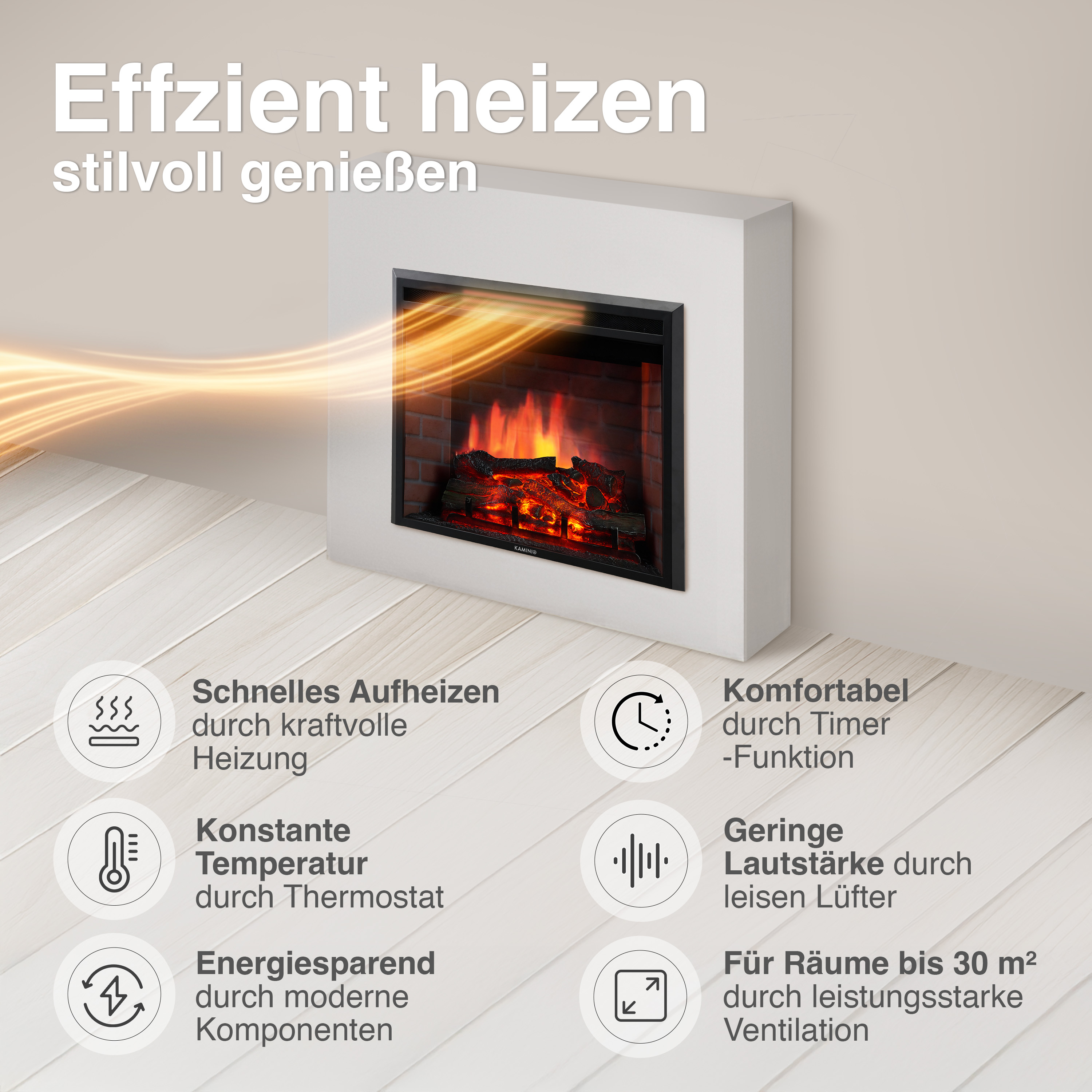 Kamin mit realistischer Flamme und Heizfunktion. Effizient, leise, thermostat-gesteuert.