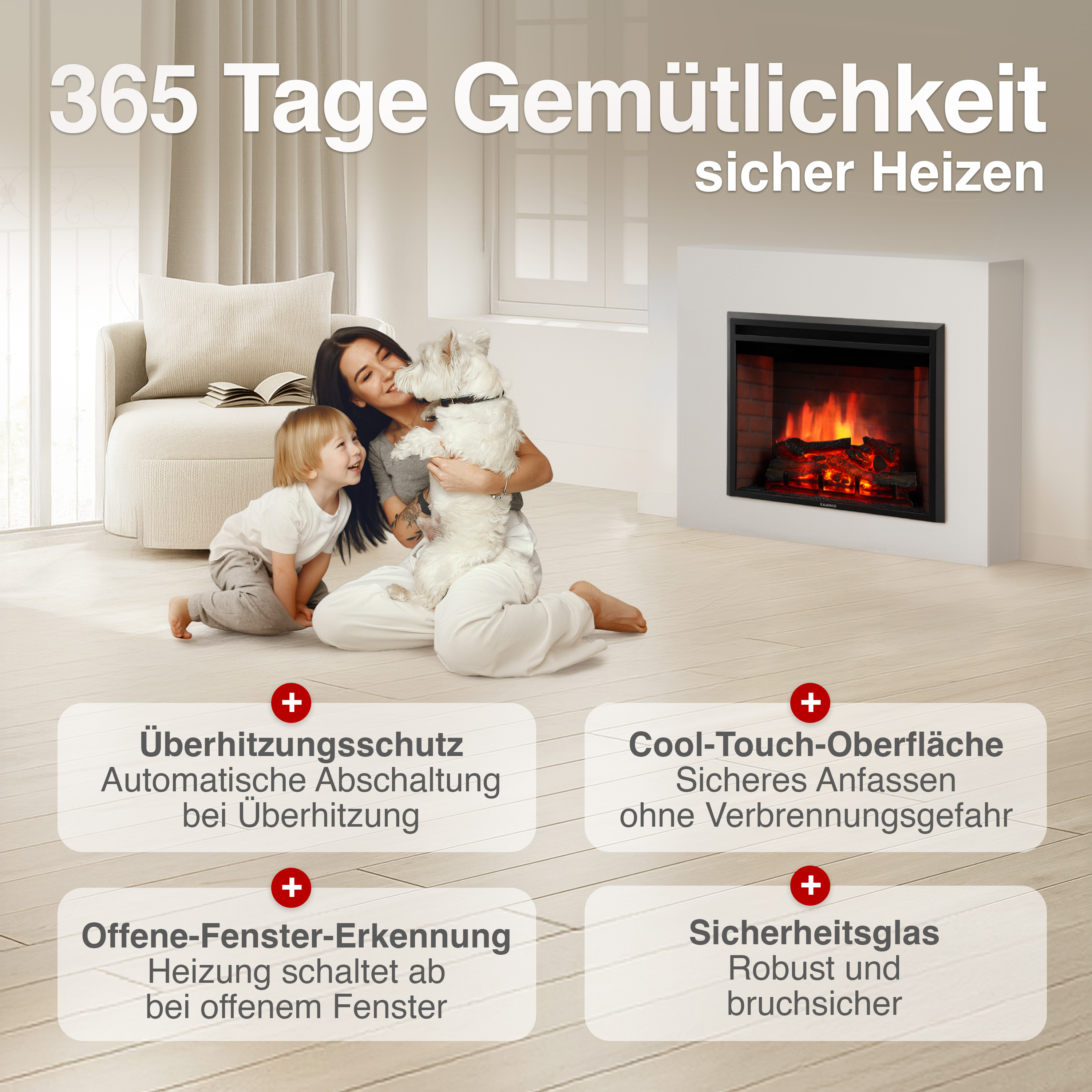 Frau mit Kind und Hund vor Kamin. Text über sicheres Heizen.
