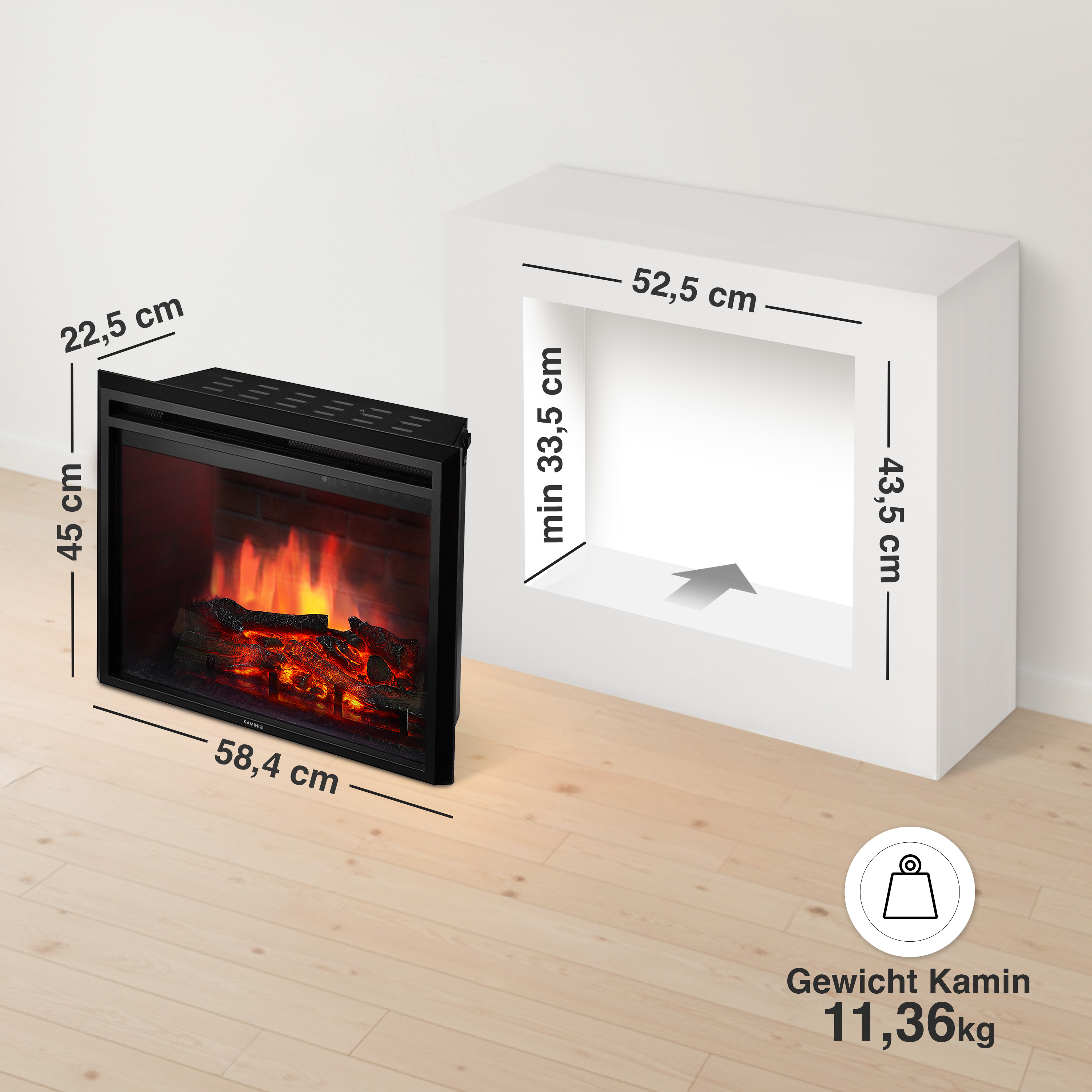 Ein schwarzer Elektrokamin mit Flammen neben einem weißen Einbaurahmen mit Maßen.