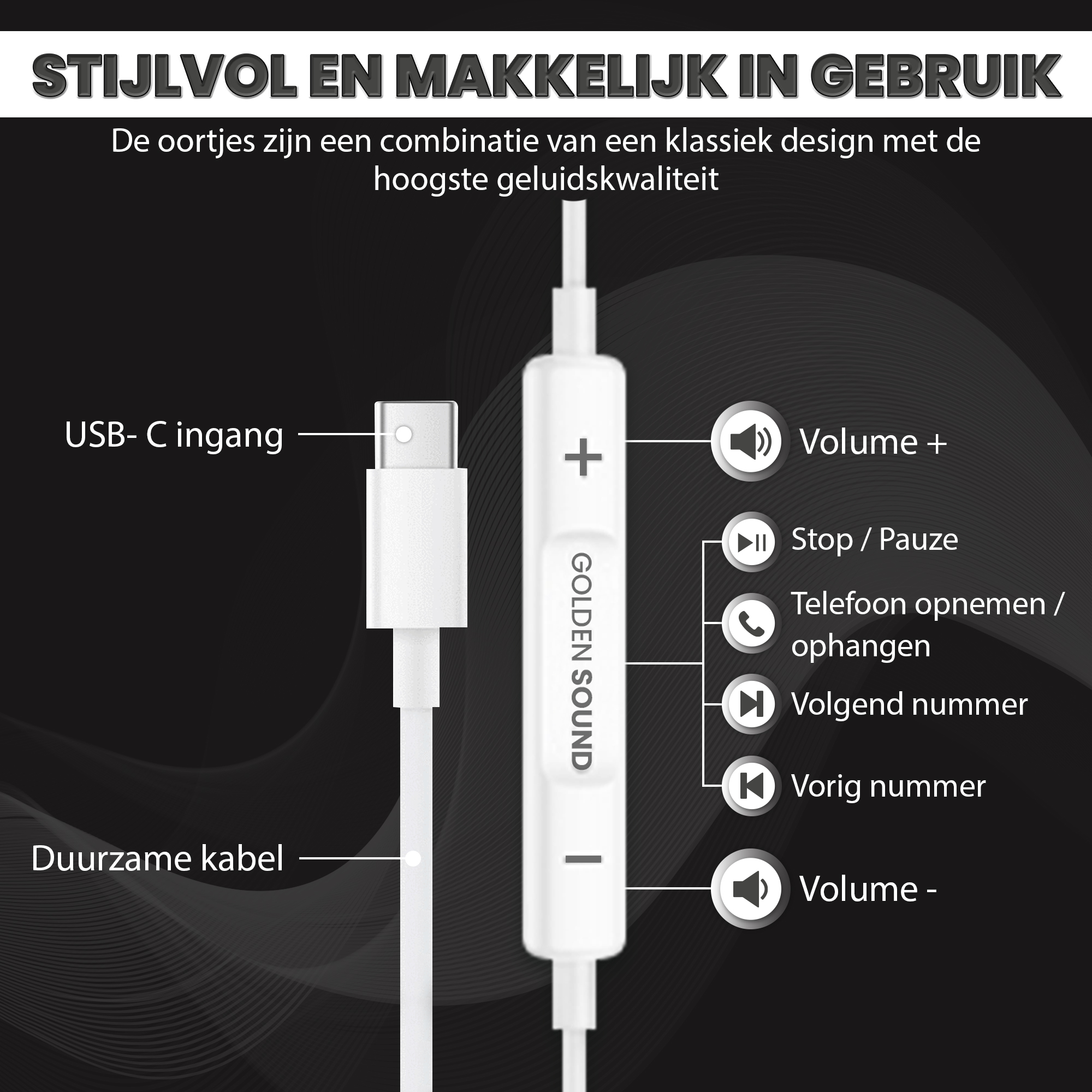 Un cavo USB-C bianco con controlli per volume, riproduzione e chiamate.