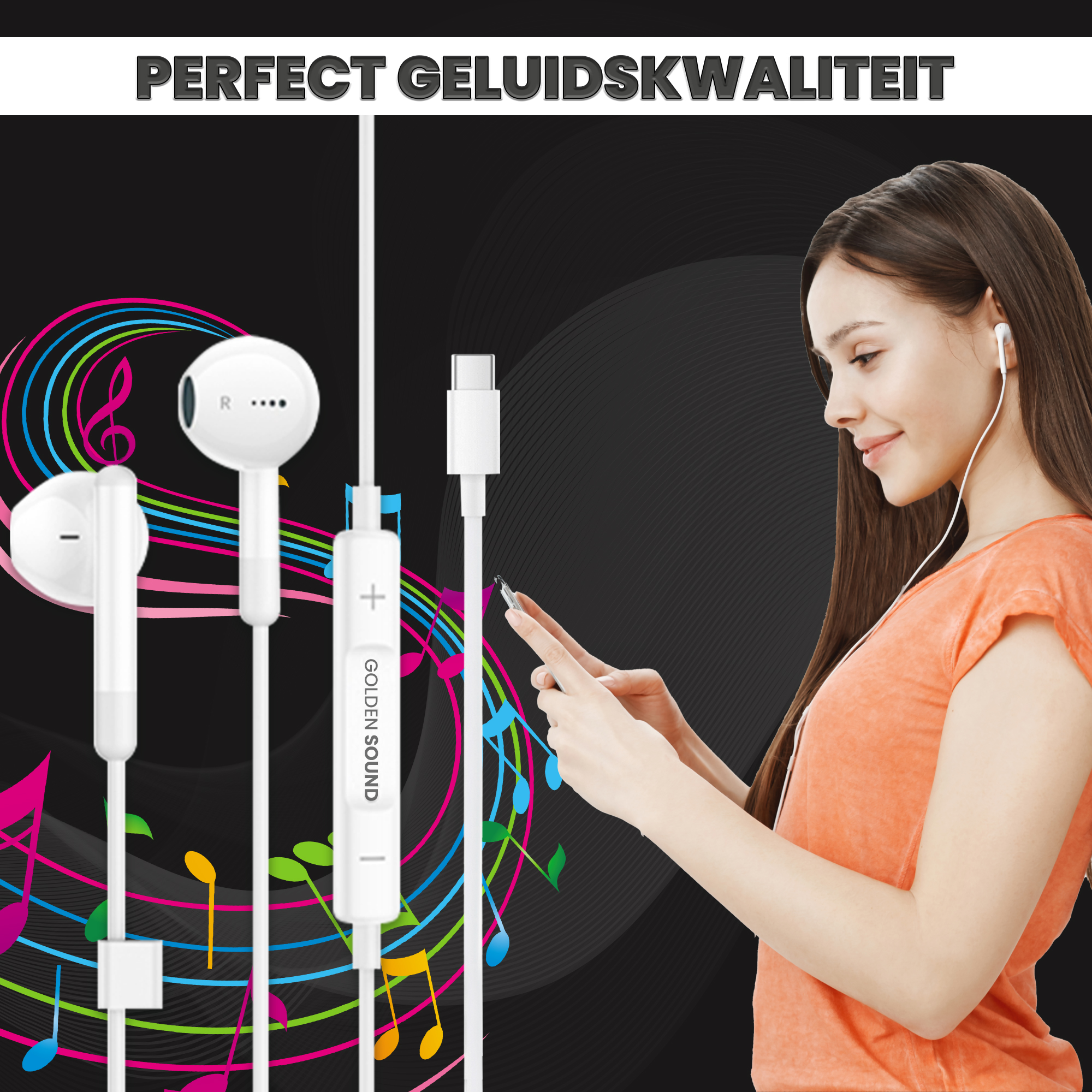 Una donna con auricolari ascolta musica. Si vedono auricolari bianchi e un cavo USB-C.