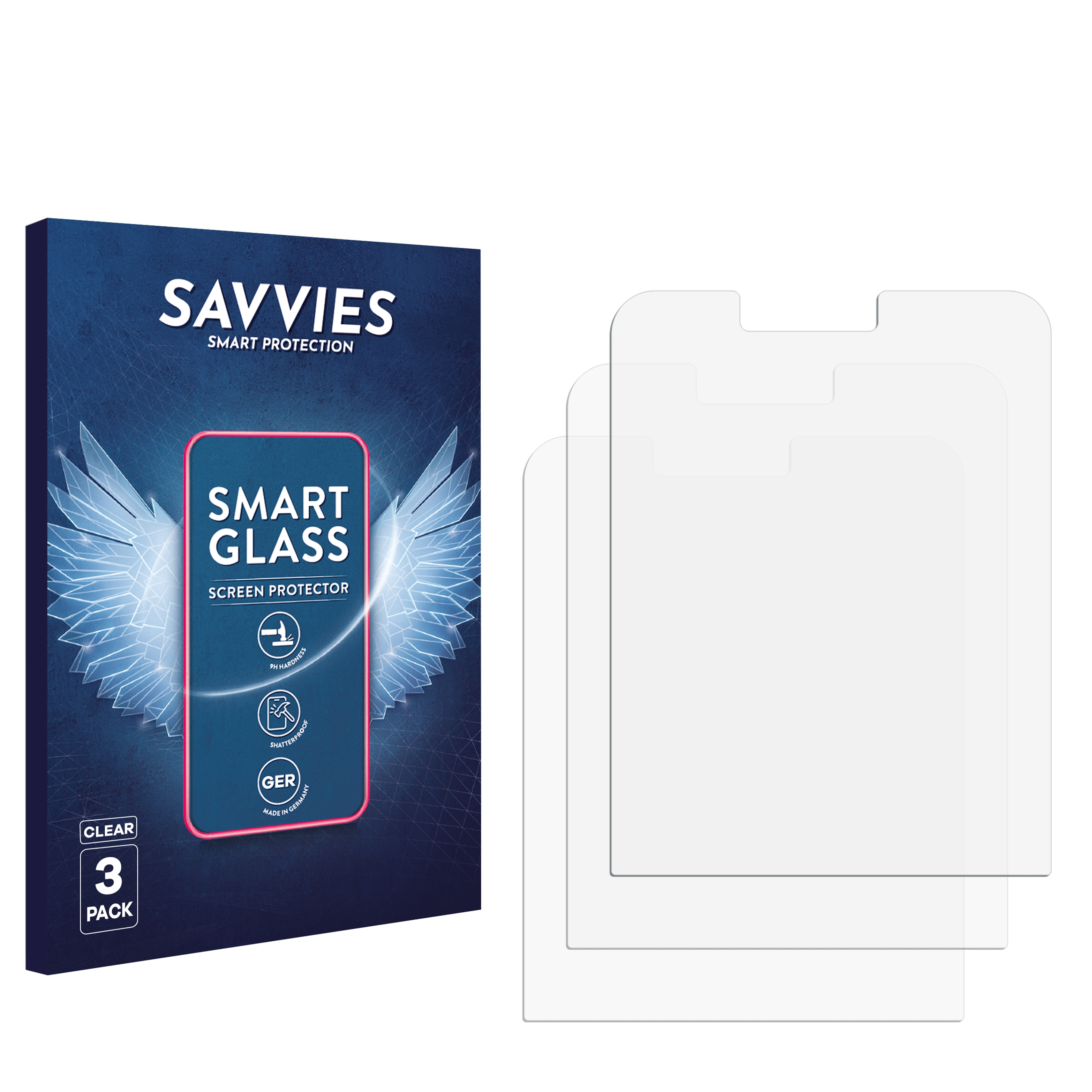 Verpackung und drei klare Displayschutzfolien für Smartphones.