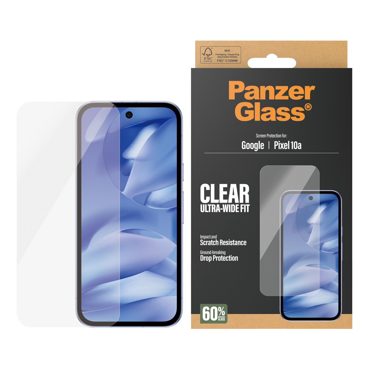 Protection d'écran Panzer Glass pour Google Pixel 10a, claire, ajustement ultra large.