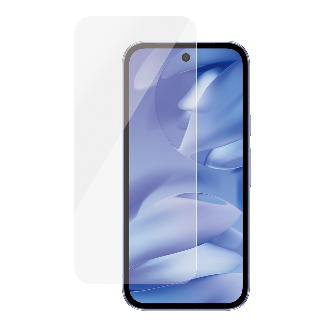 Un film protecteur d'écran transparent repose sur un smartphone bleu.