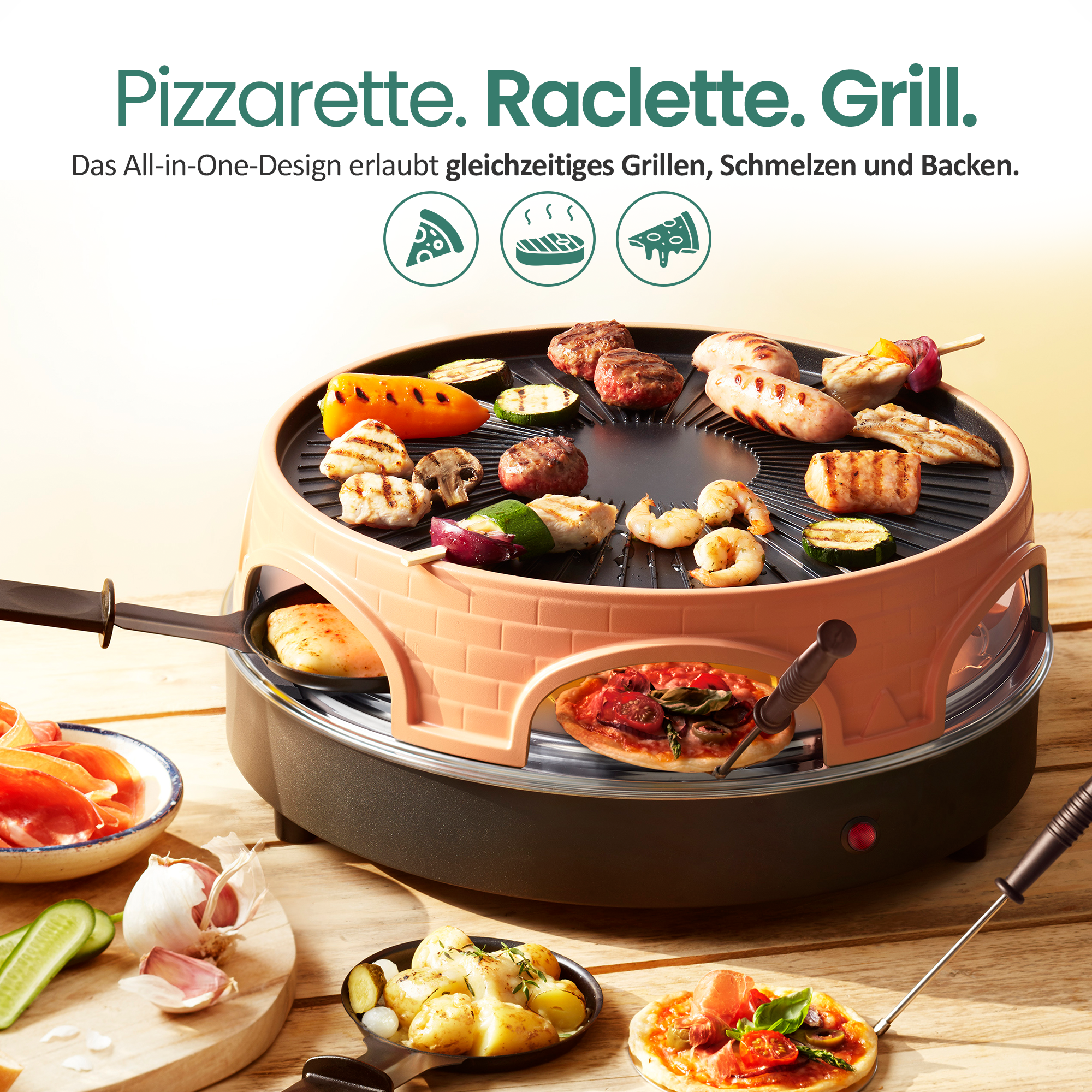 Ein Raclette-Grill mit Fleisch, Garnelen, Gemüse und kleinen Pizzen.