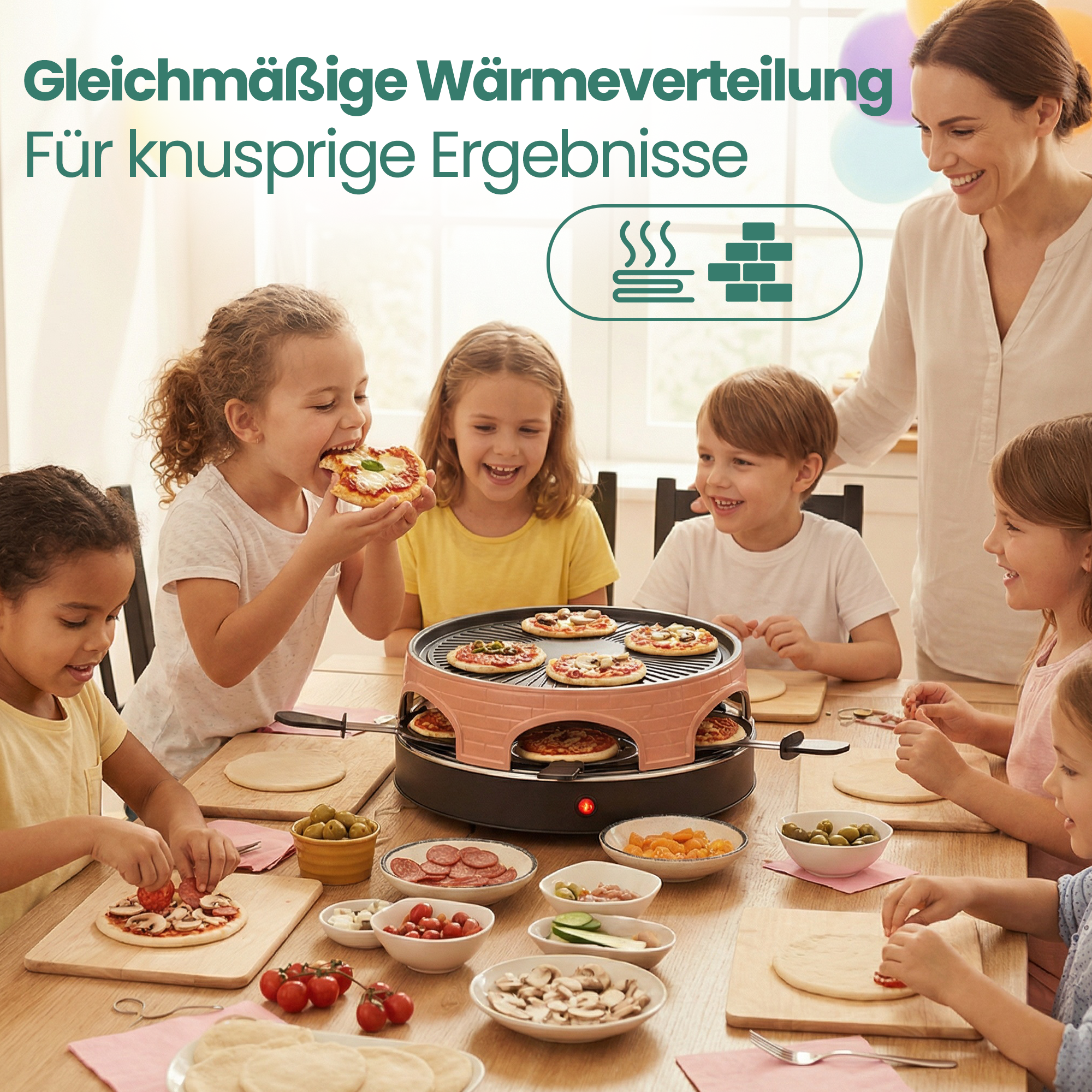 Kinder machen Pizzen an einem Tisch mit einem Pizzaofen.