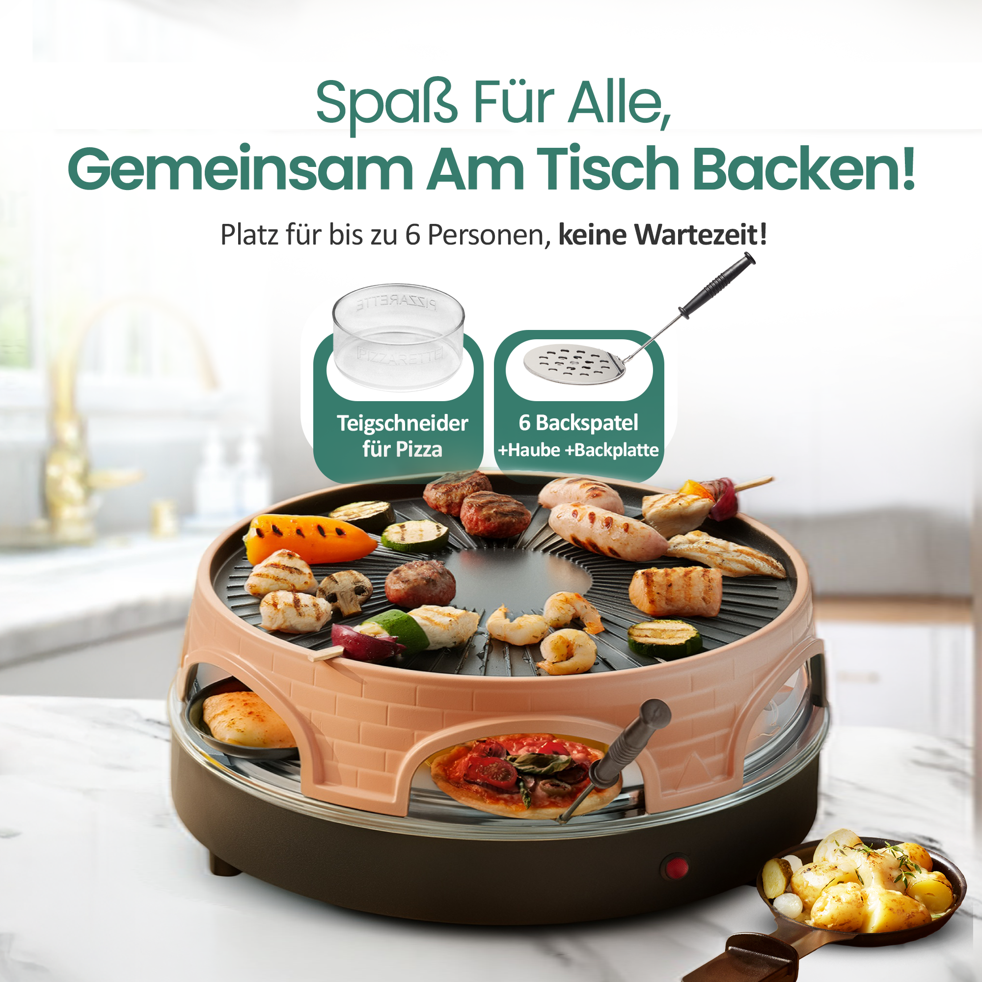 Raclette-Grill mit gegrilltem Fleisch, Würstchen, Garnelen und Gemüse.
