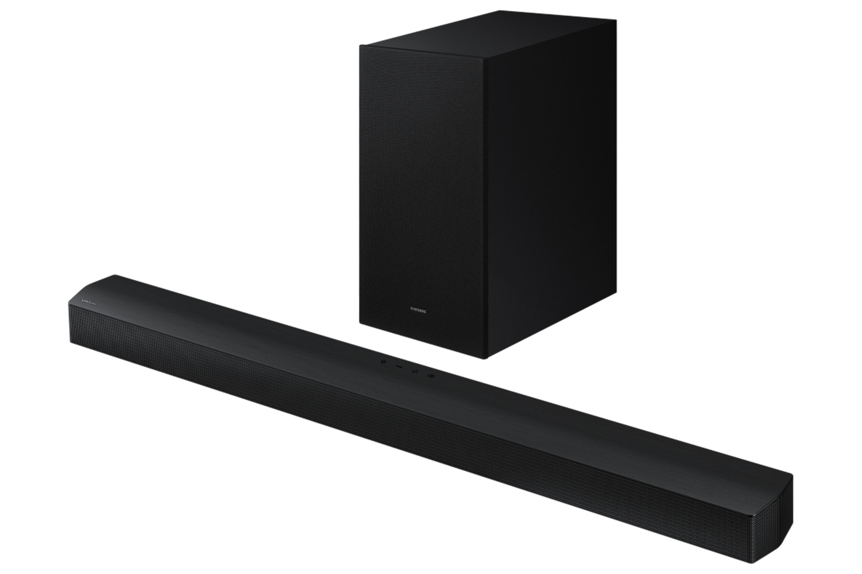 Beyaz arka plan üzerinde siyah ses çubuğu ve subwoofer.