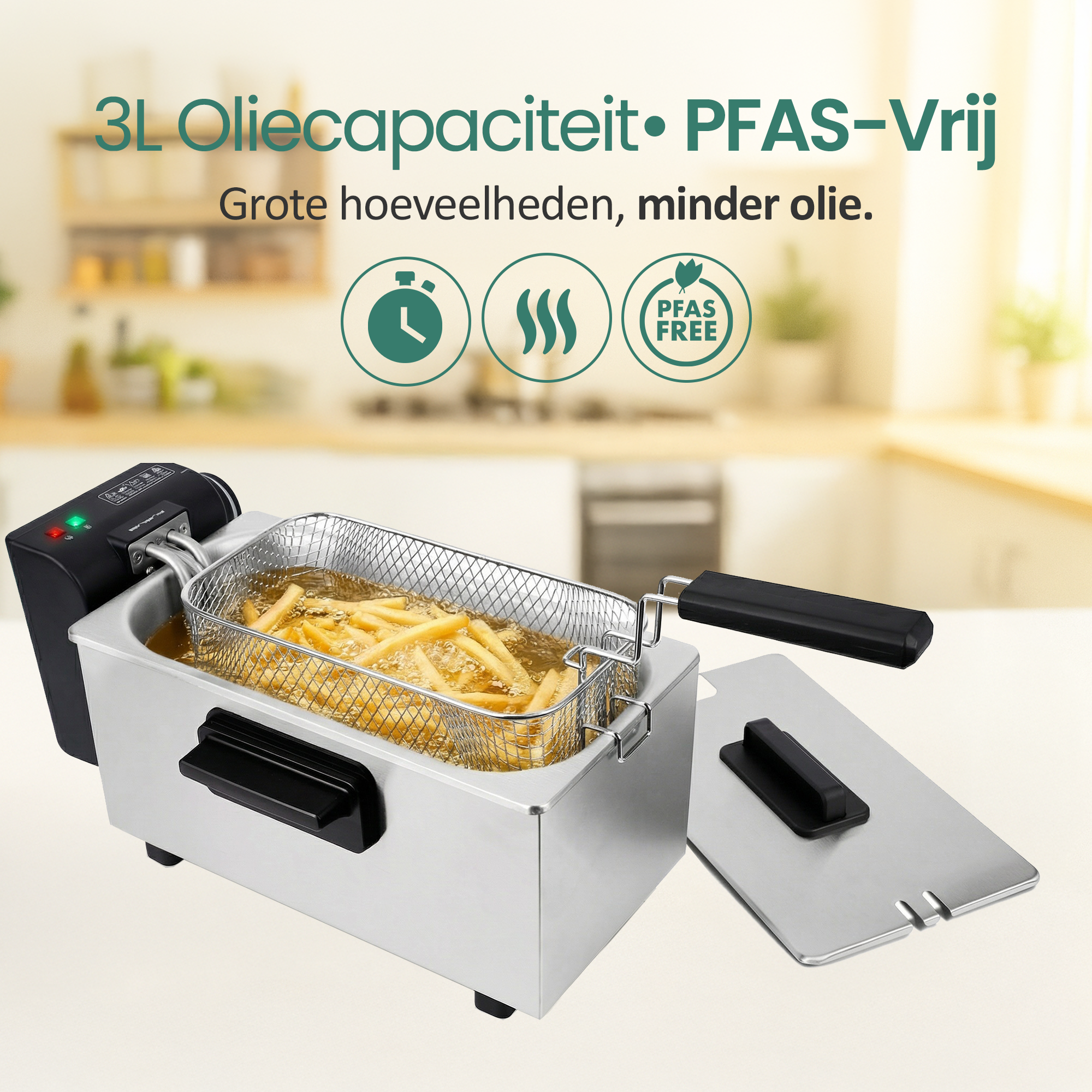 Edelstahlfritteuse mit Korb voller goldbrauner Pommes Frites in heißem Öl.