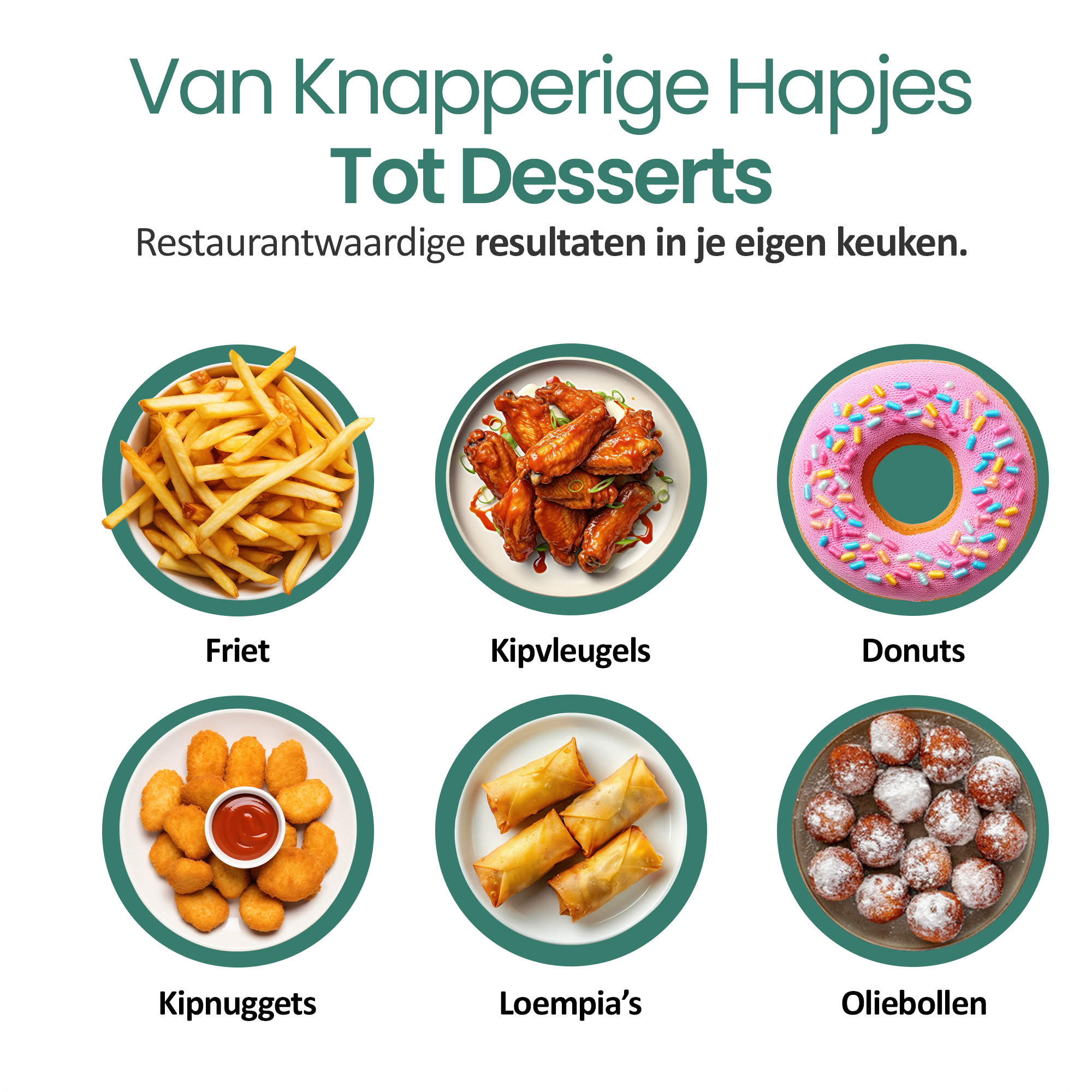 Sechs verschiedene Gerichte: Pommes, Flügel, Donuts, Nuggets, Frühlingsrollen, Oliebollen.