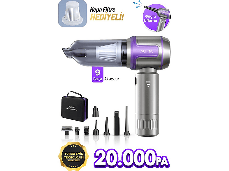 AUHMA AHV-09 Kablosuz Taşınabilir 20000PA Güçlü Vakum 4’ü 1 Arada Çok Amaçlı Araç Süpürgesi Gri