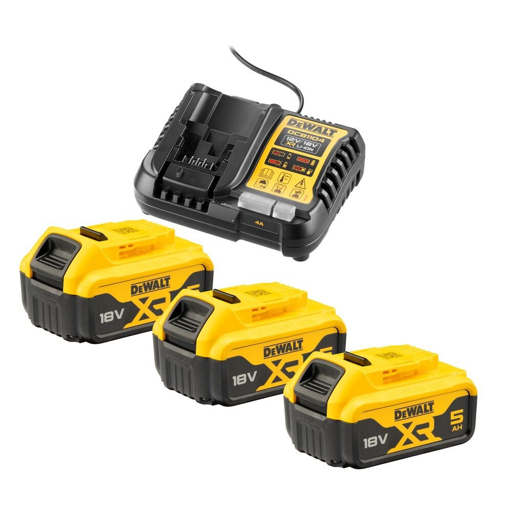 Trzy żółto-czarne akumulatory Dewalt 18V i ładowarka.