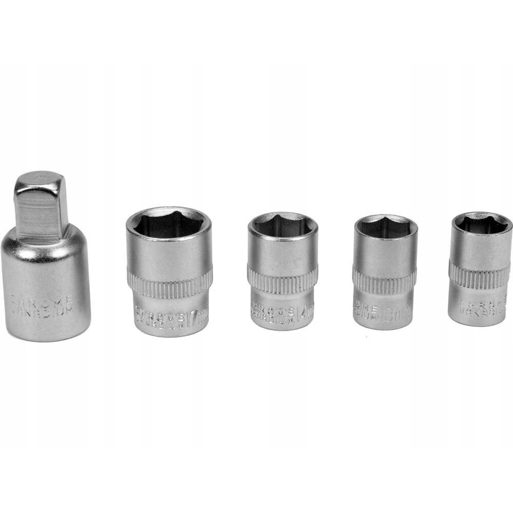 Pięć nasadek chromowo-wanadowych w różnych rozmiarach na białym tle.