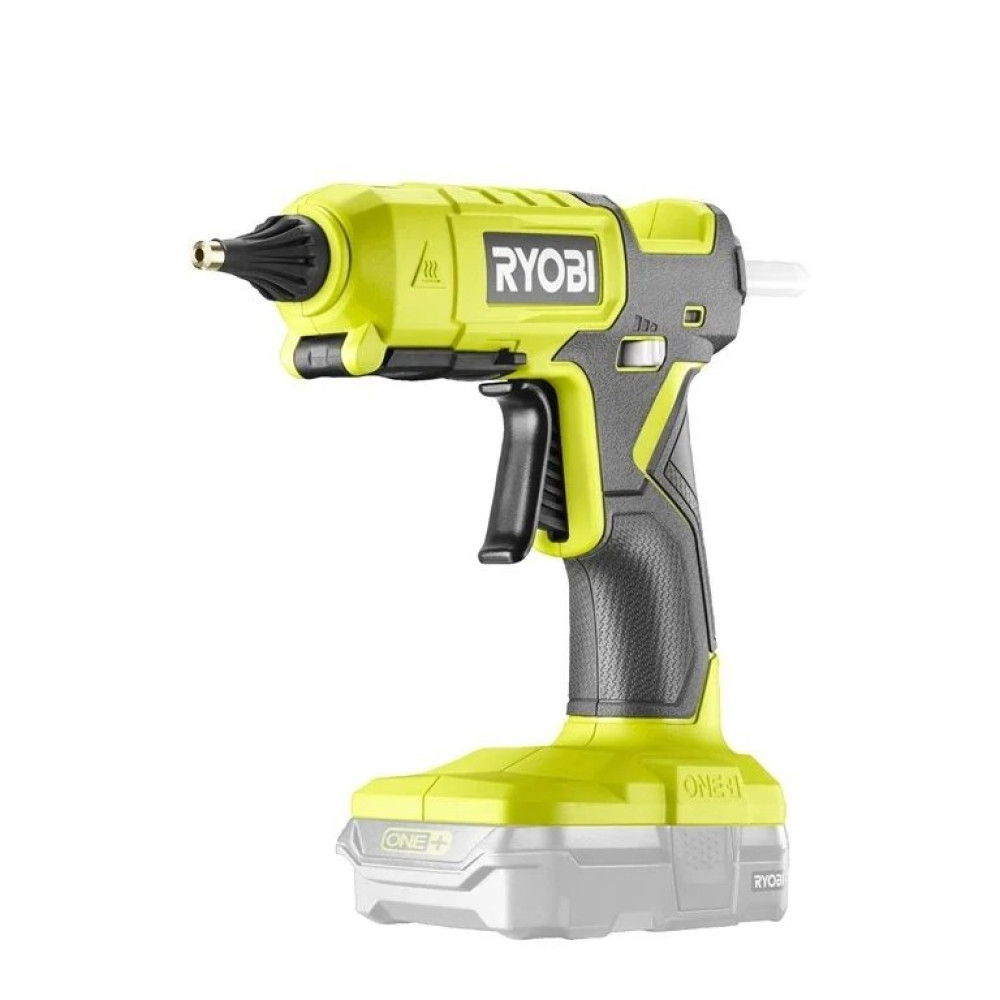 Żółty bezprzewodowy pistolet do kleju na gorąco Ryobi z czarnym uchwytem.