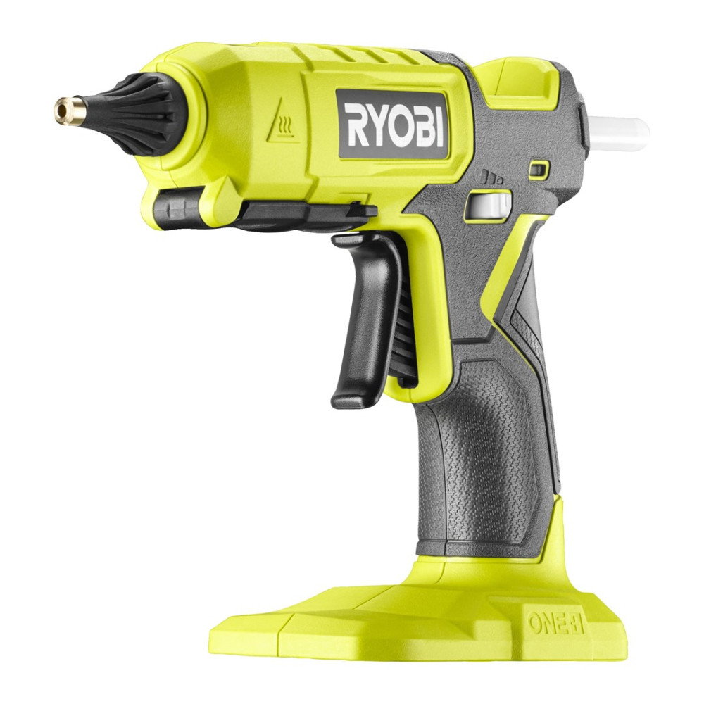 Zielony pistolet do kleju na gorąco Ryobi z czarnym uchwytem i podstawką.