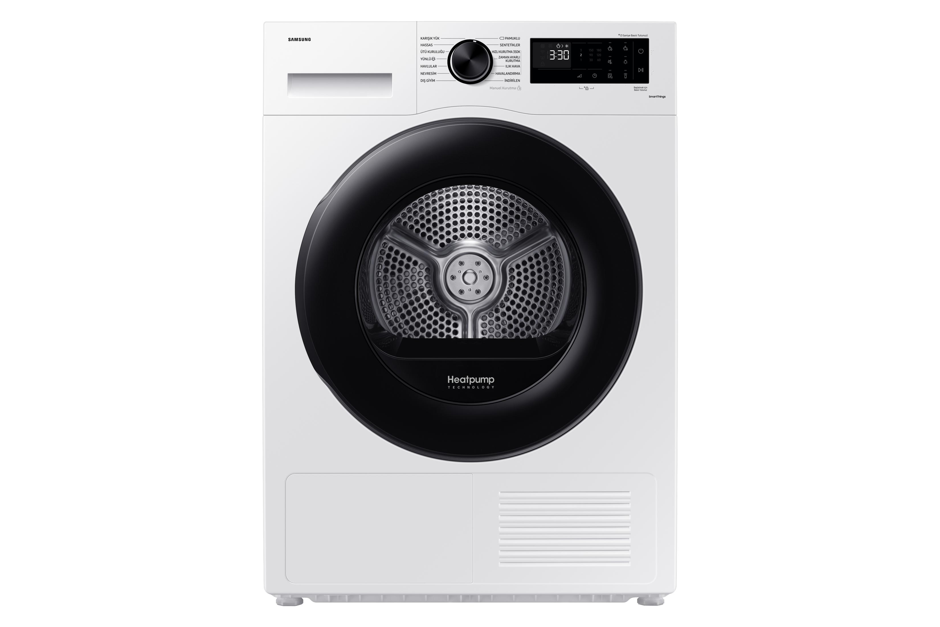 Siyah kapılı ve kontrol panelli beyaz Samsung kurutma makinesi.
