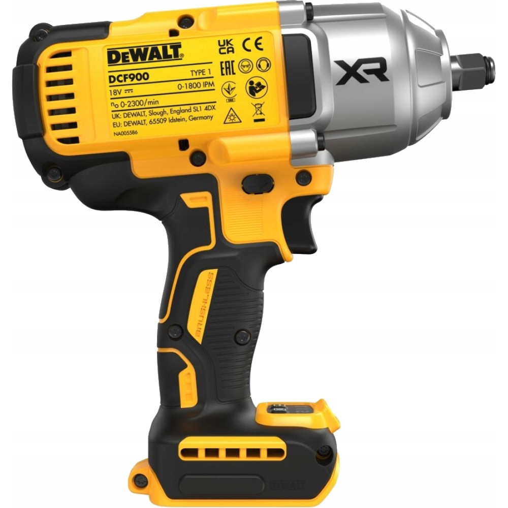 Żółty i czarny klucz udarowy DeWalt z technologią XR i akumulatorem.