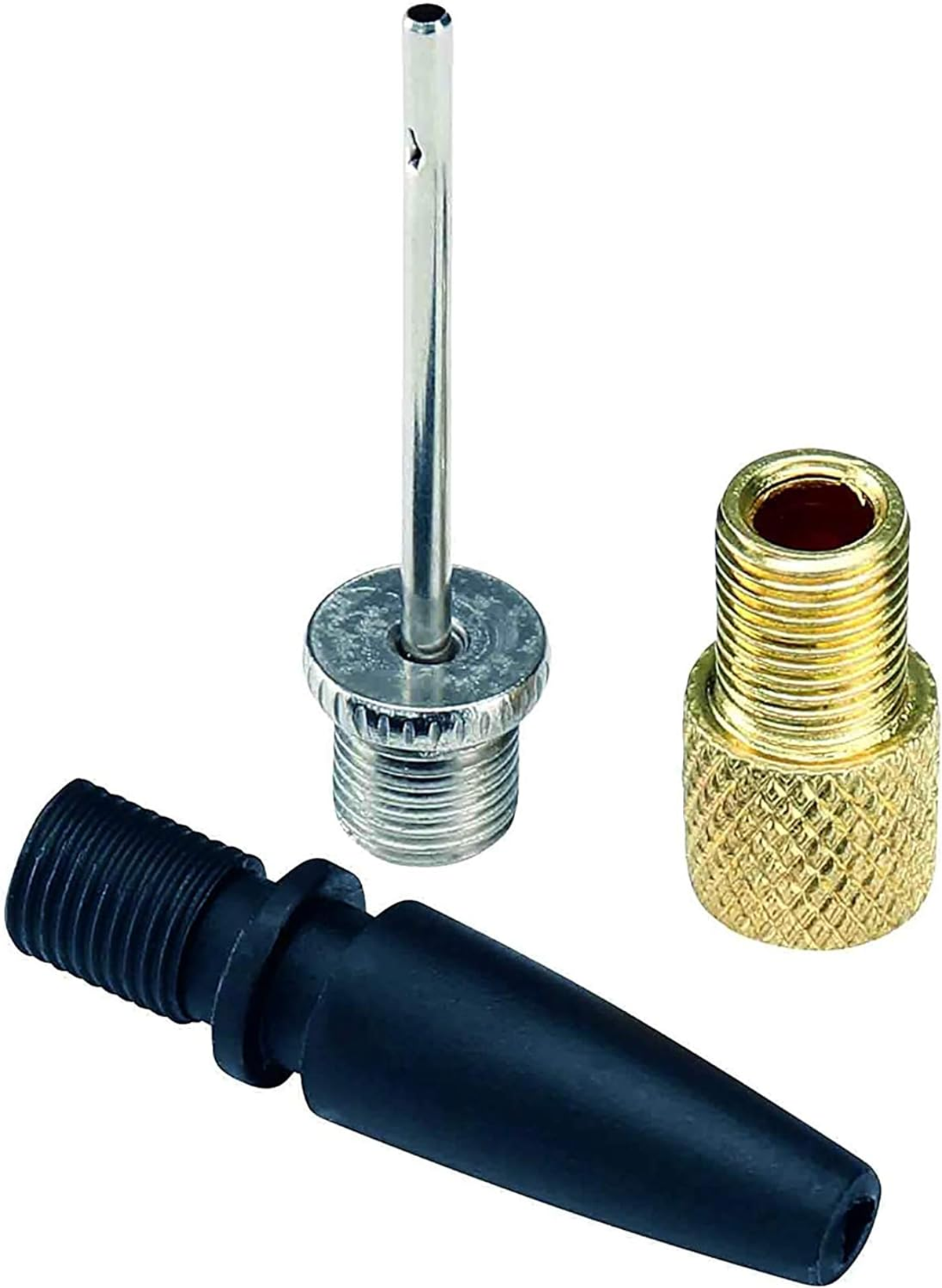 Trzy adaptery wentyli opon: czarny stożek, srebrna igła i złoty łącznik.