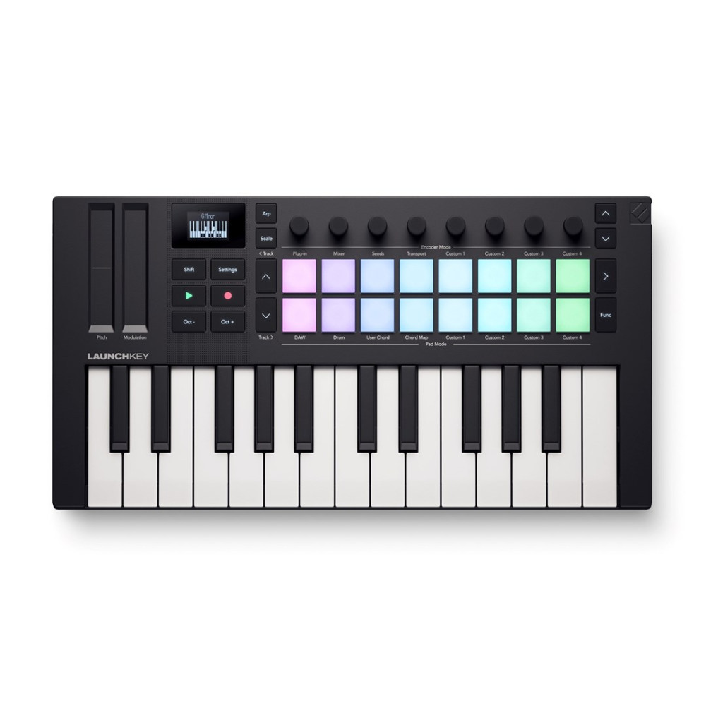 Czarny kontroler MIDI Launchkey z podświetlanymi padami i ekranem.