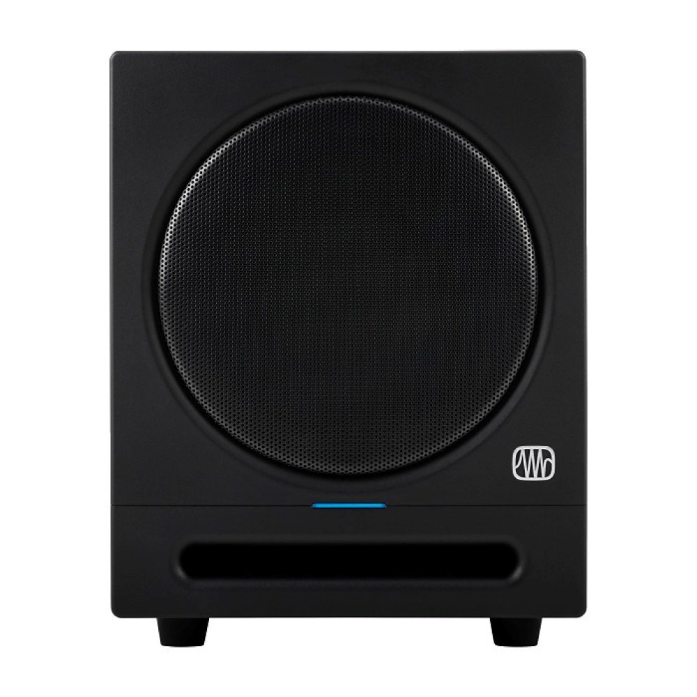 Subwoofer nero con griglia rotonda e striscia luminosa blu.