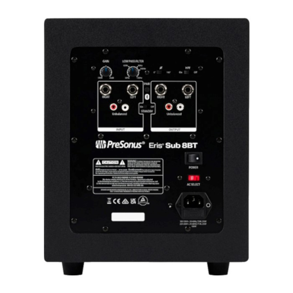 Retro di un subwoofer nero con porte, manopole ed etichette.